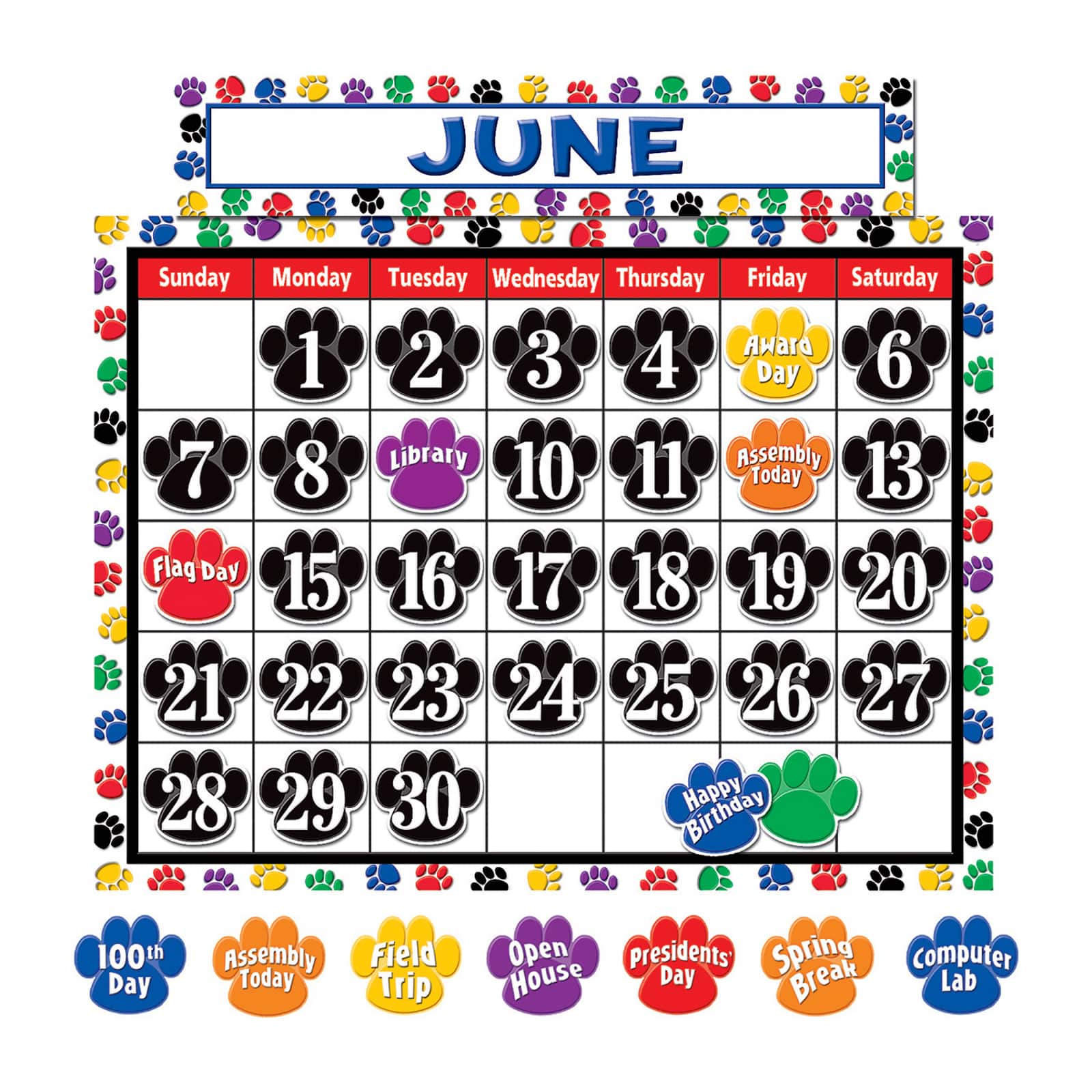 Colorful Paw Prints Calendar Bulletin Board Display Set