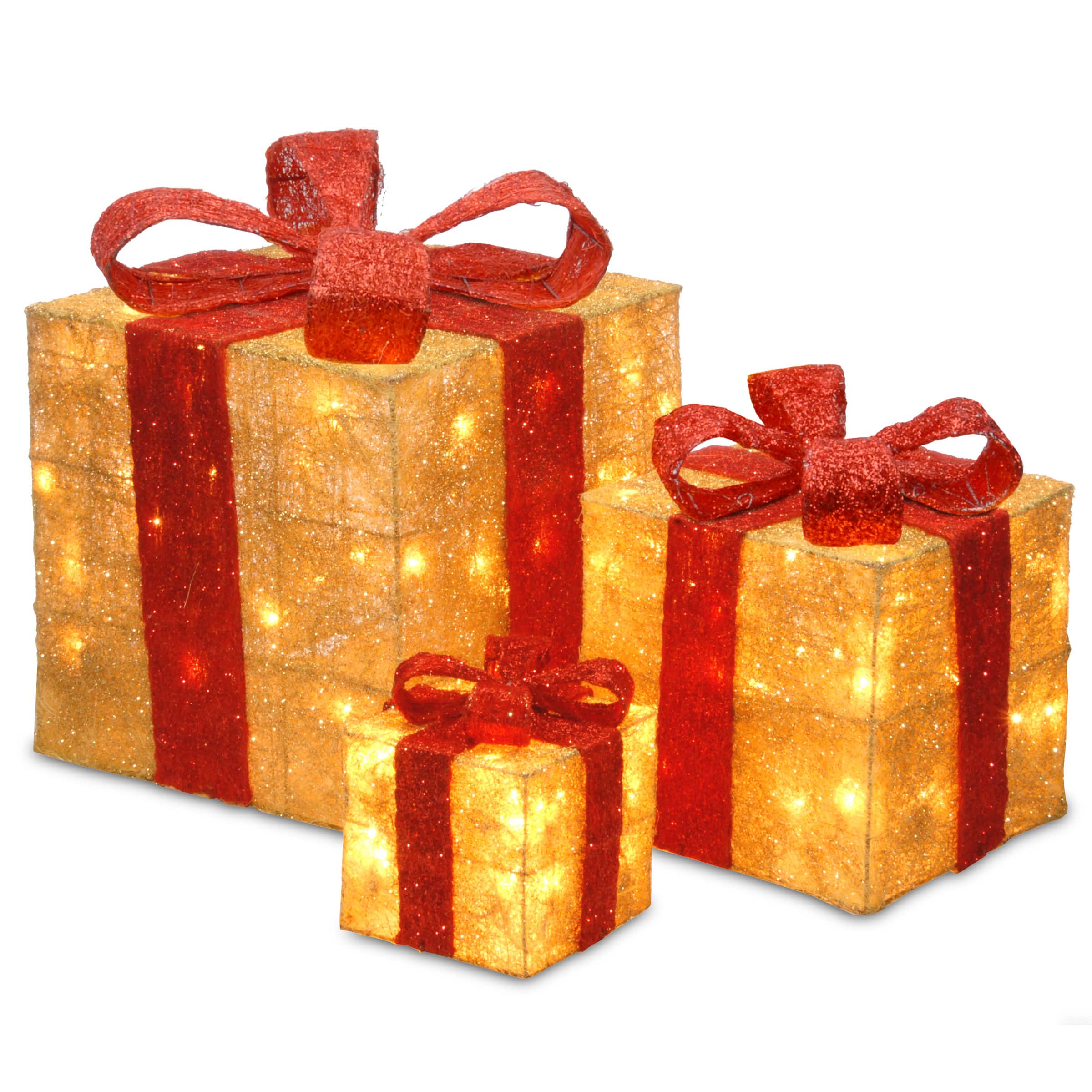 Set of 3 Gold Gift Boxes, Clear Lights