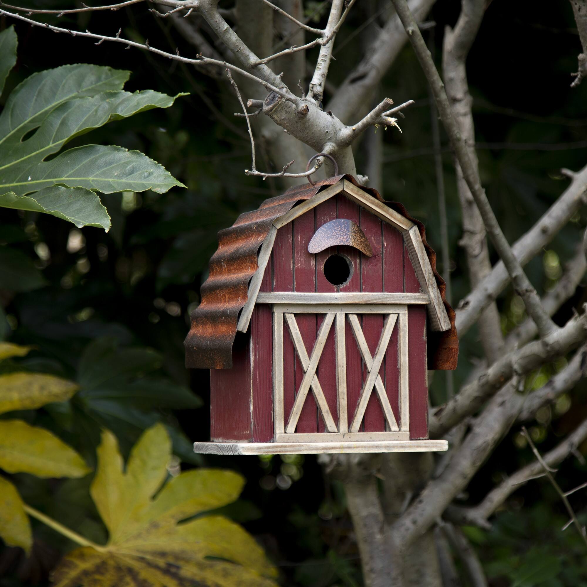 Glitzhome&#xAE; 10&#x22; Hanging Wooden Red Barn Garden Birdhouse