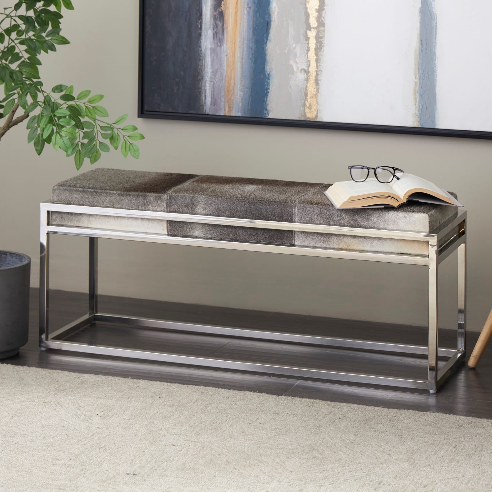 Gray Leather Bench with Silver Stainless Steel Base