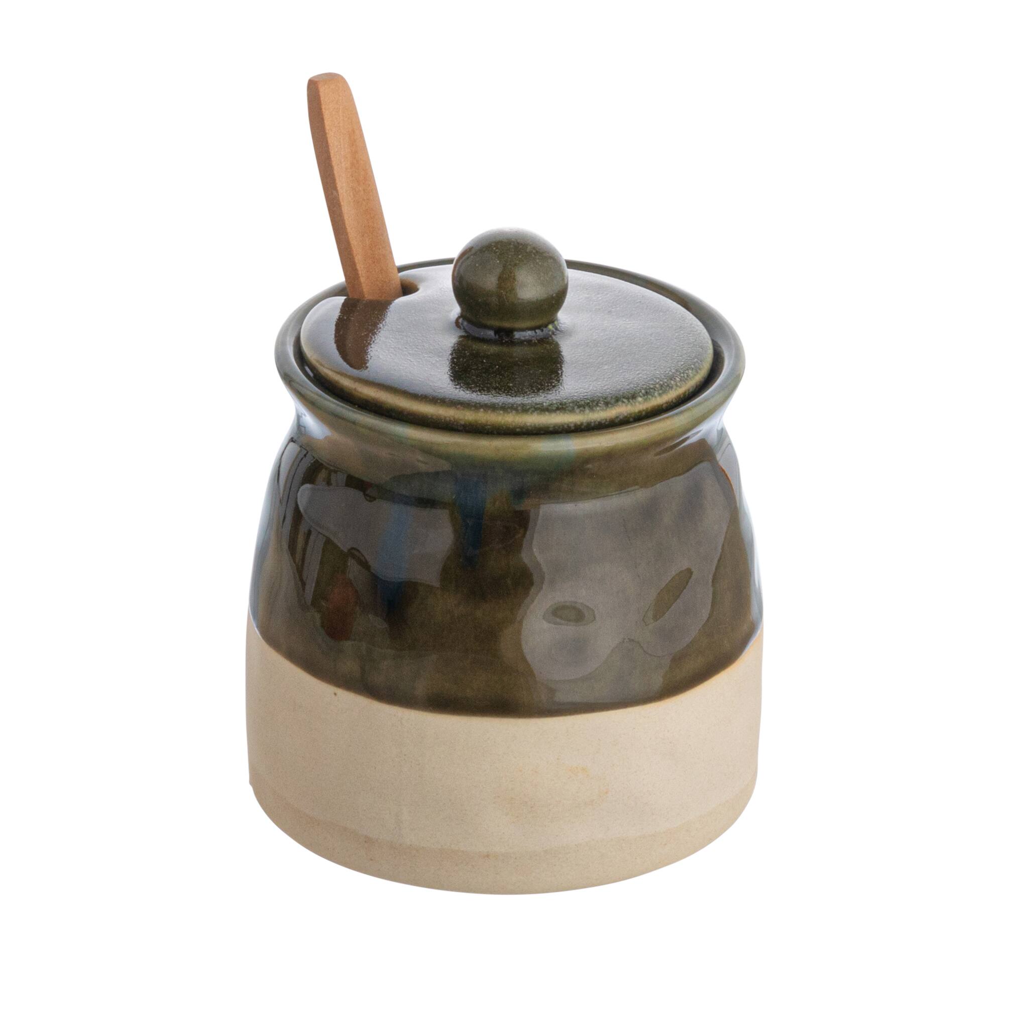 Green Stoneware Sugar Pot with Lid &#x26; Wood Spoon