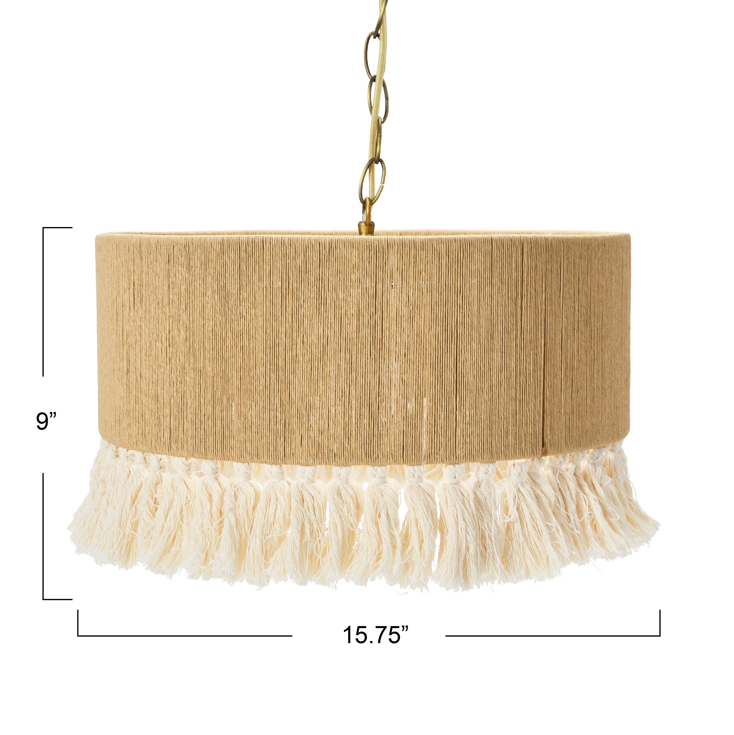 Hello Honey&#xAE; 16&#x22; Brown Coastal Pendant Lamp with Natural Paper Rope Shade, Fringe Detail and Iron Base