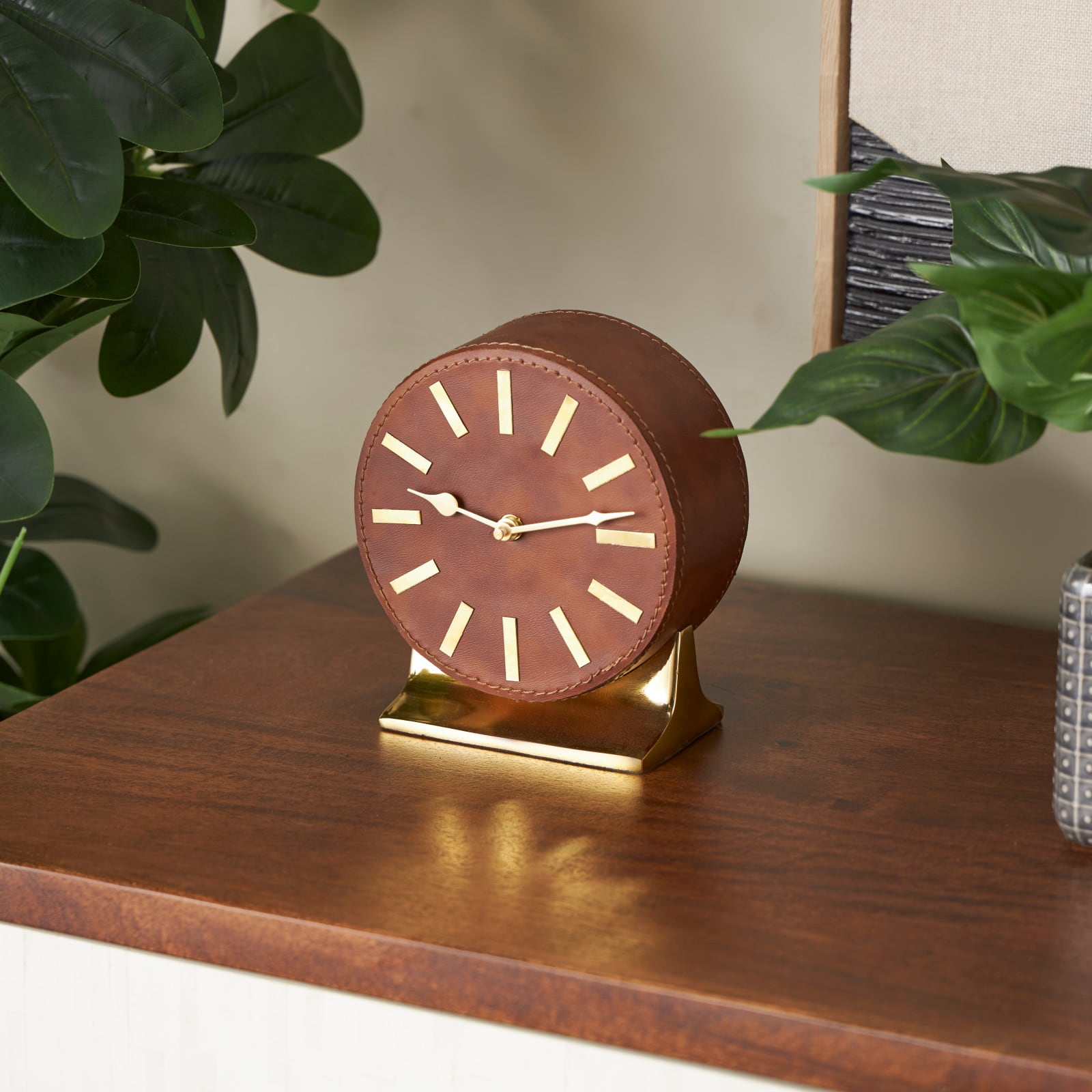 Faux Leather Round Decorative Clock with Rectangular Base