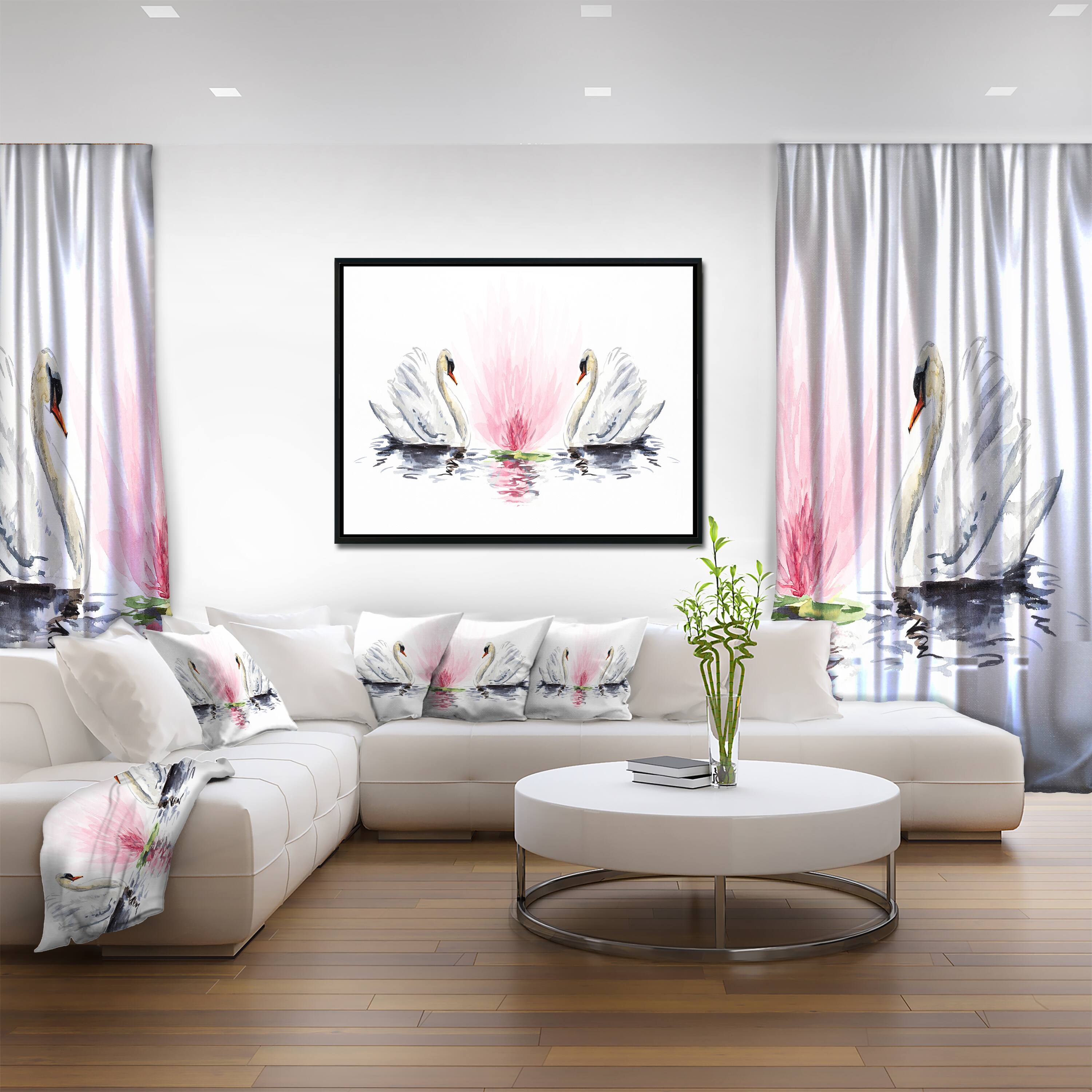 Designart - Floating Swans on White Background - Animal Art On Canvas in Black Frame