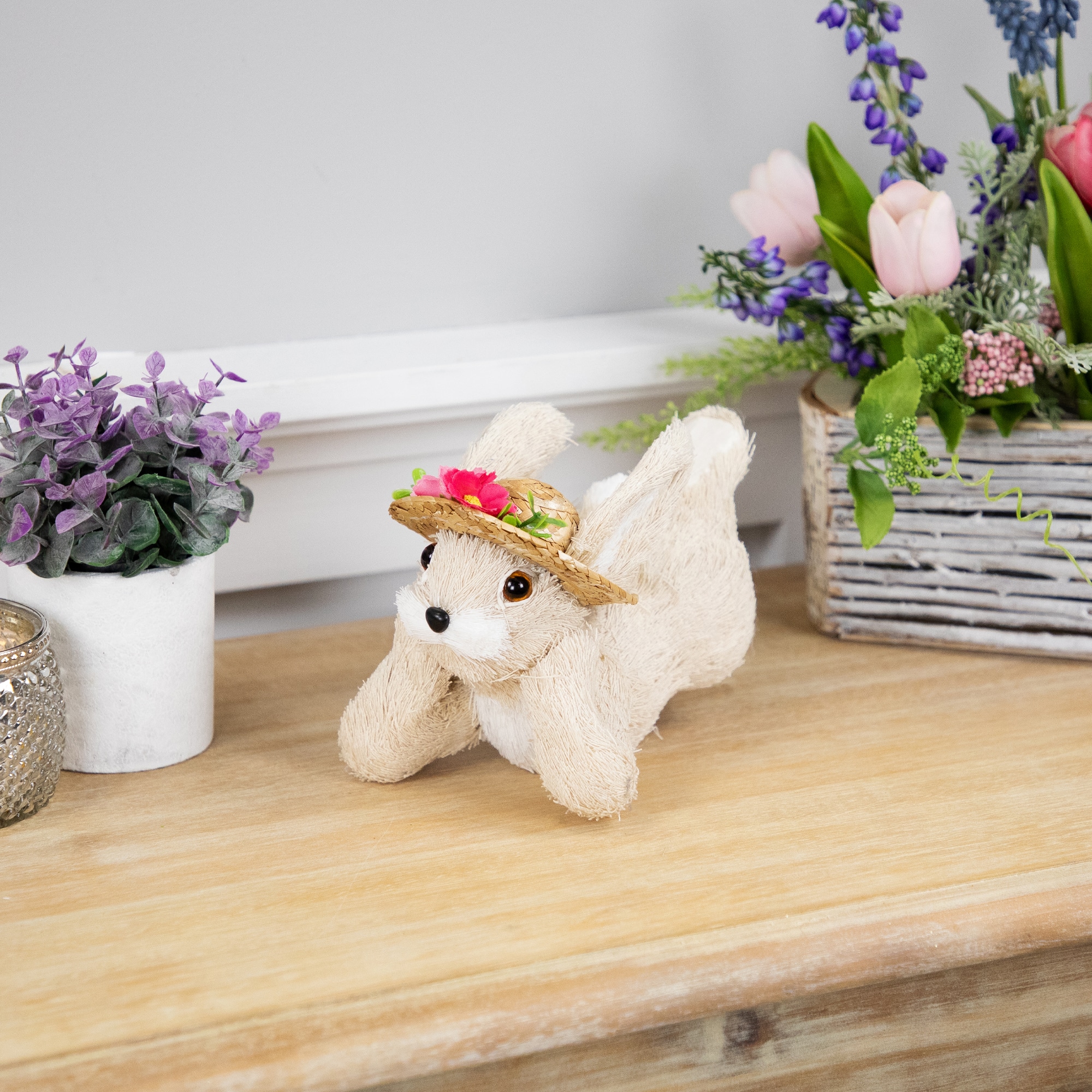 8.75&#x22; Beige Rabbit with Floral Straw Hat Easter Figurine
