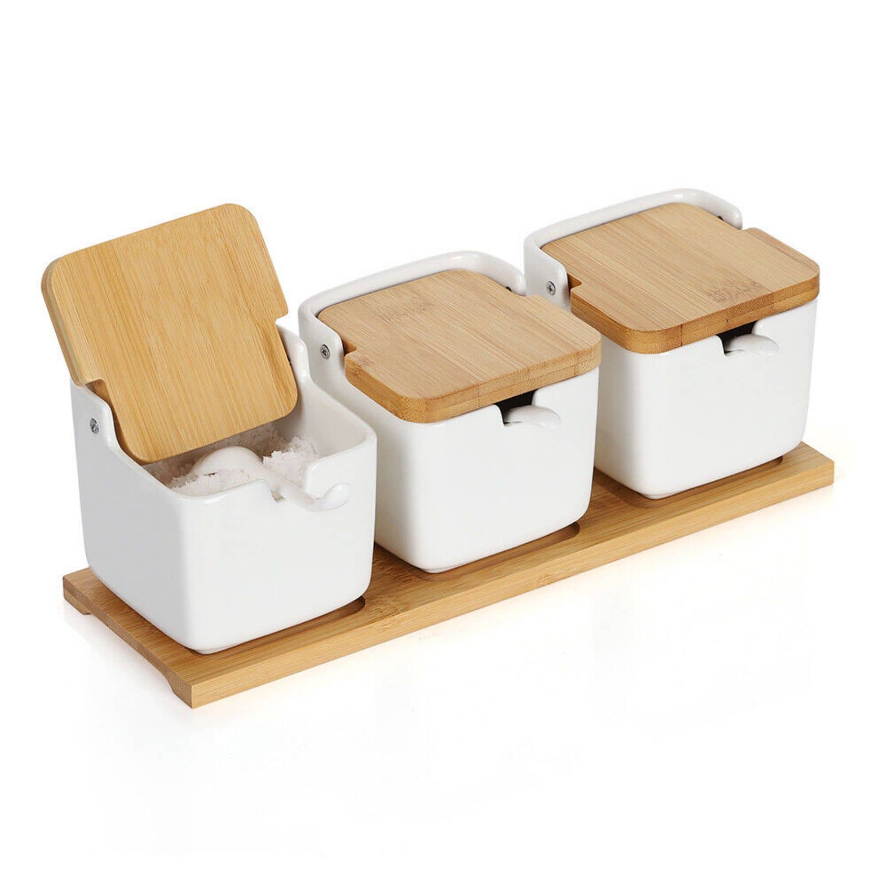 NEX™ White Ceramic Sugar Bowls with Spoon & Bamboo Lid Set