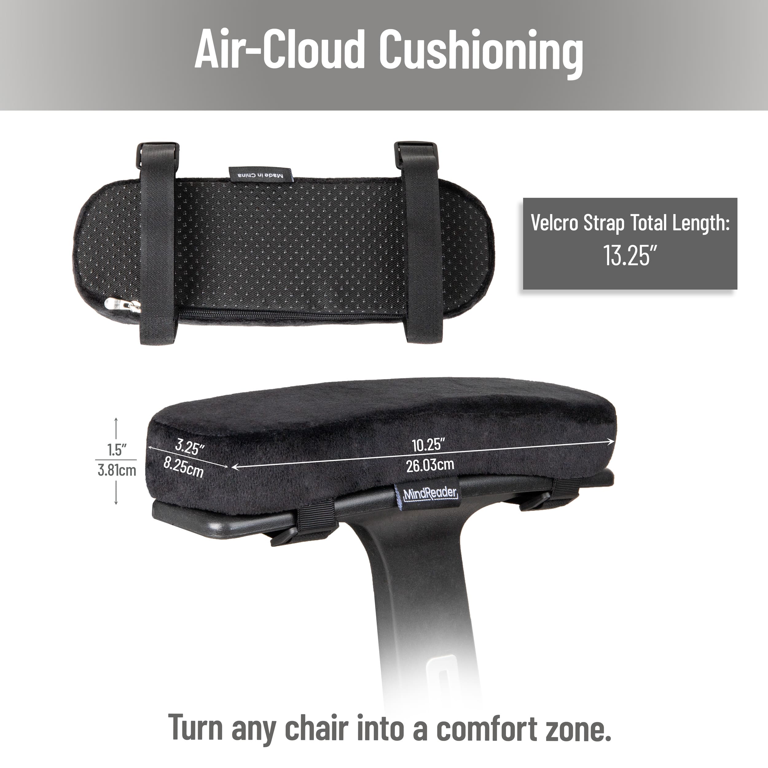 Mind Reader Air-Cloud Memory Foam Armrest Pads, Office & Gaming Chair Arm Rests, Elbow Support with Washable Cover, Black