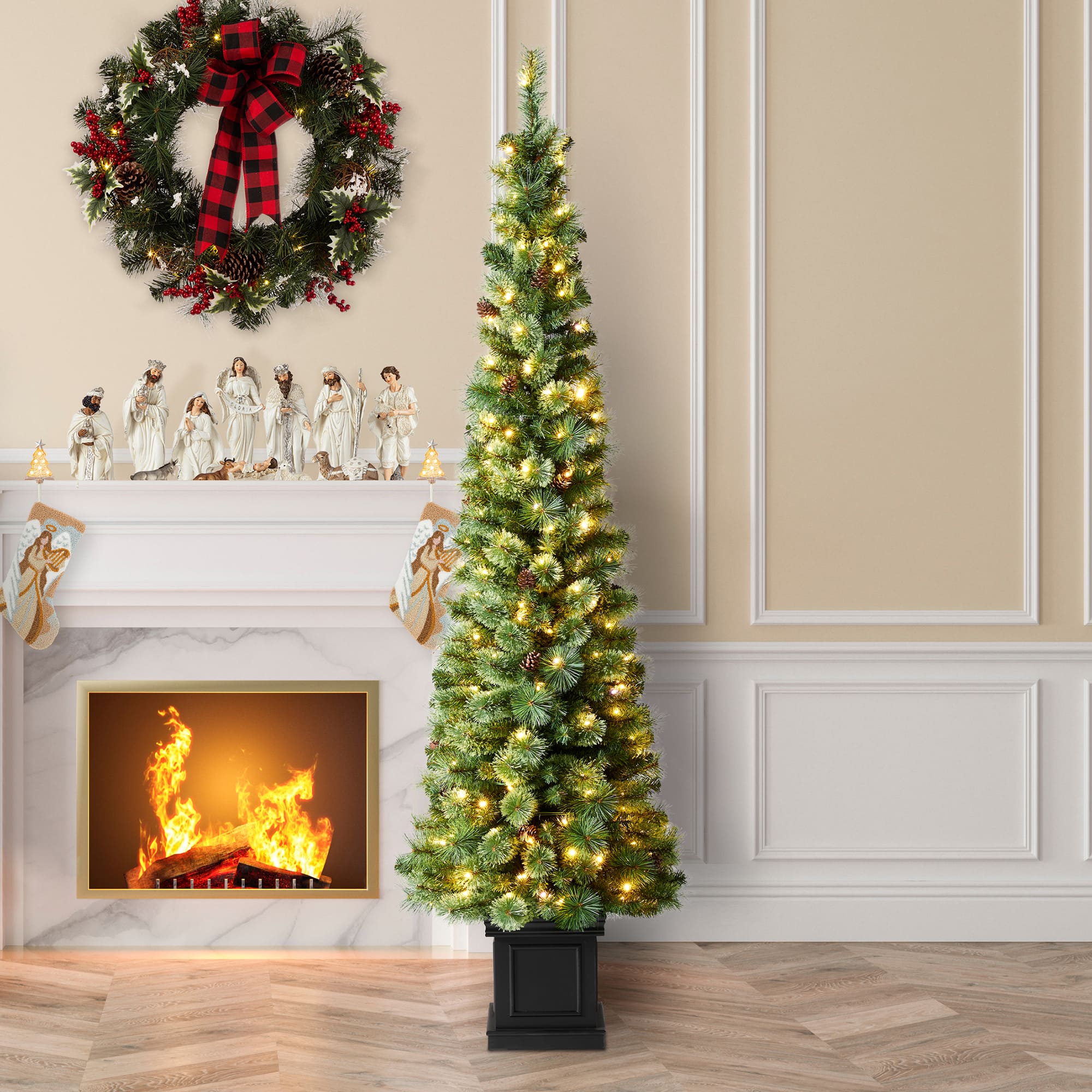 7ft. Pre-Lit Green Pine Artificial Christmas Porch Tree, Color Changing LED Lights