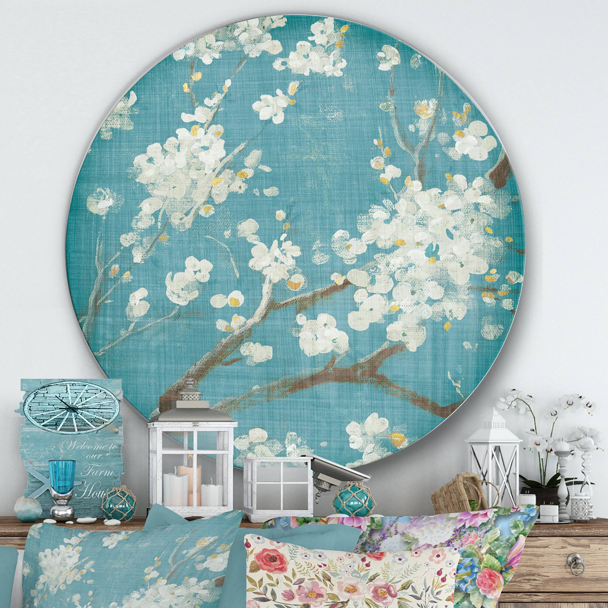 Designart - Blue Cherry Blossoms II - Farmhouse Metal Circle Wall Art