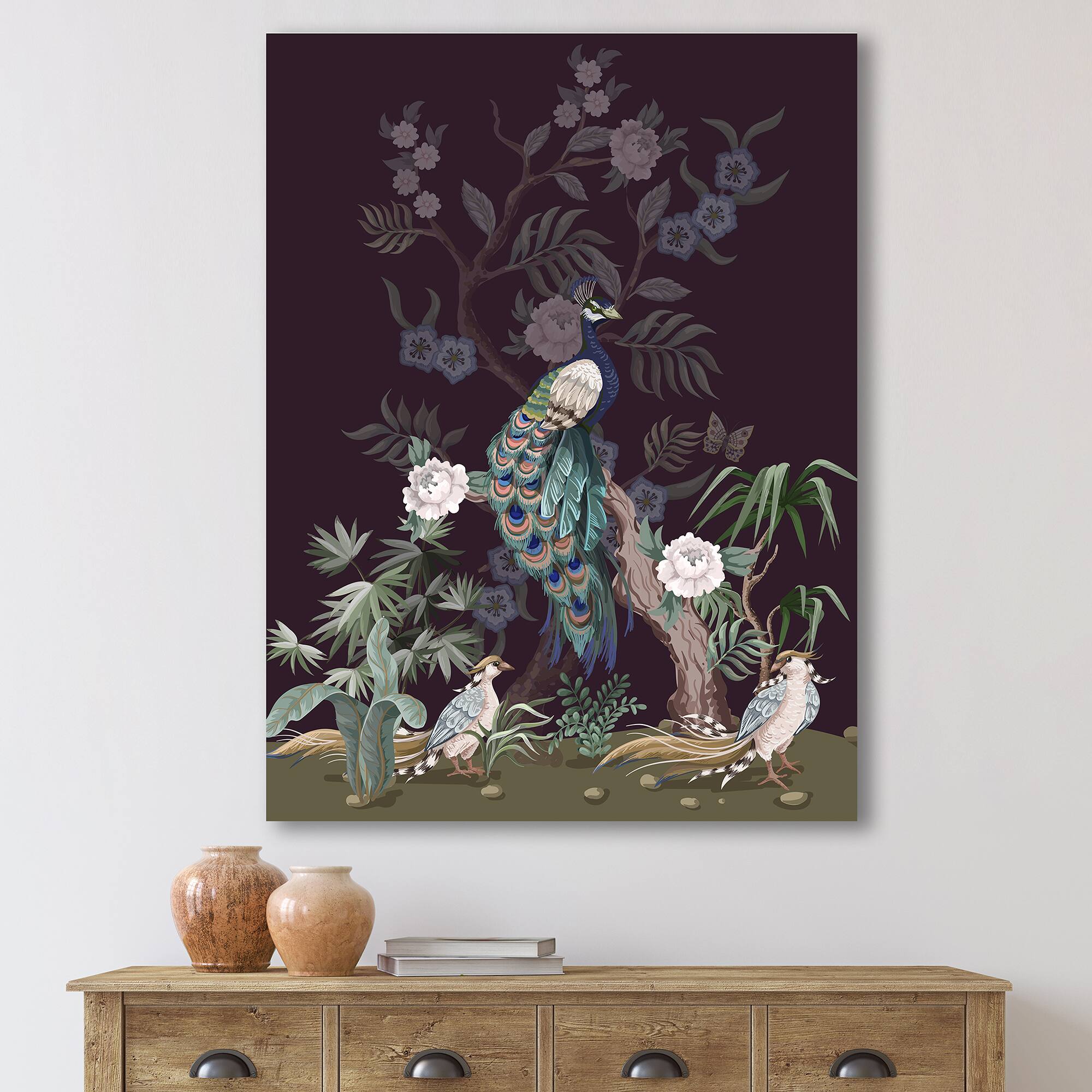 Designart - Chinoiserie With Birds and Peonies V - Traditional Canvas Wall Art Print
