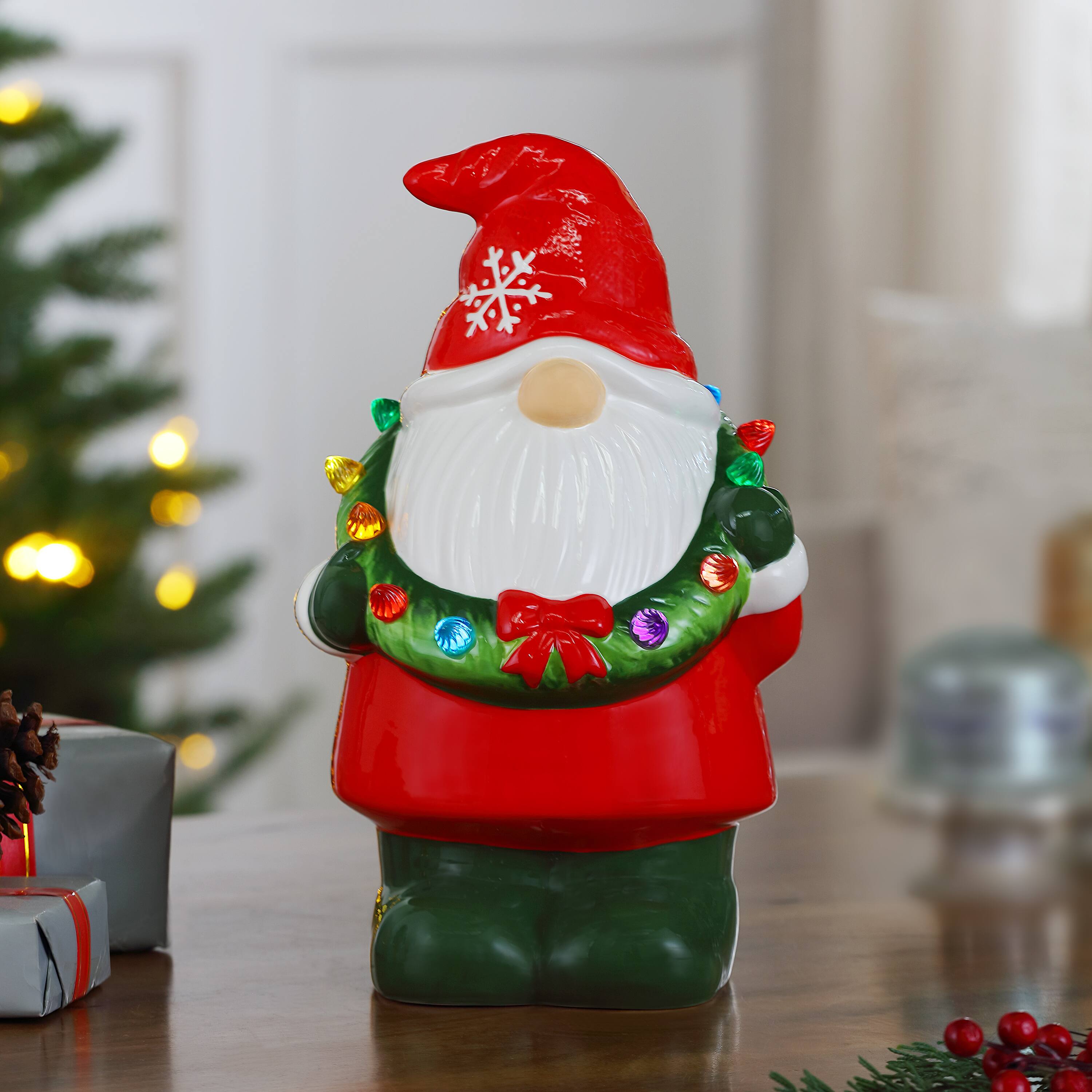 12" Nostalgic Ceramic Gnome Figure with LED Wreath