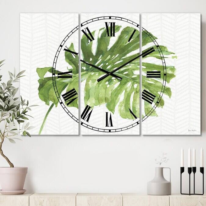 Designart Mixed Botanical Greens Palms IV Farmhouse 3 Panel Wall Clock