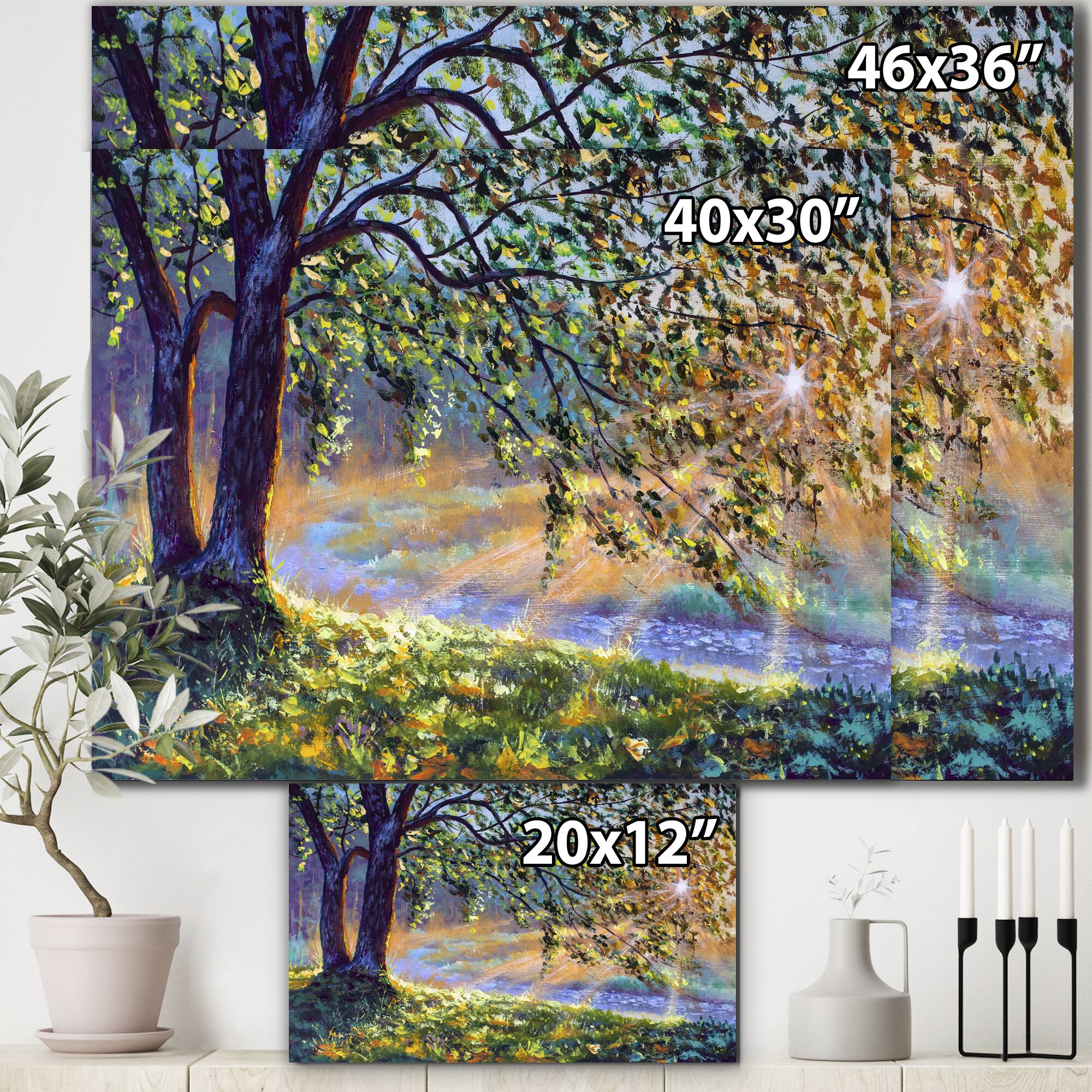 Designart - Tree By River First Rays Of Afternoon Sun - Farmhouse Canvas Wall Art Print