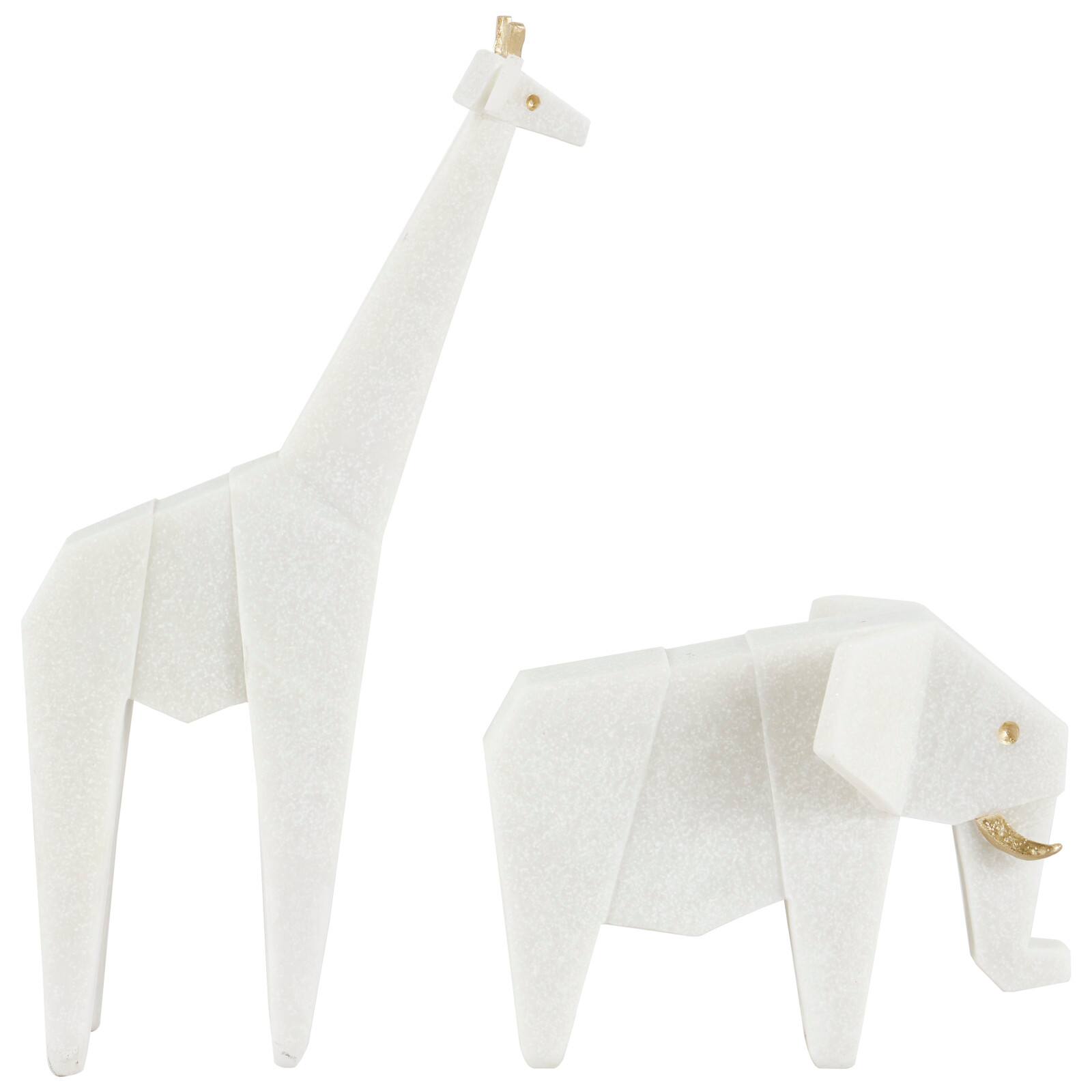 White Polystone Elephant &#x26; Giraffe Cubist Inspired Sculpture Set