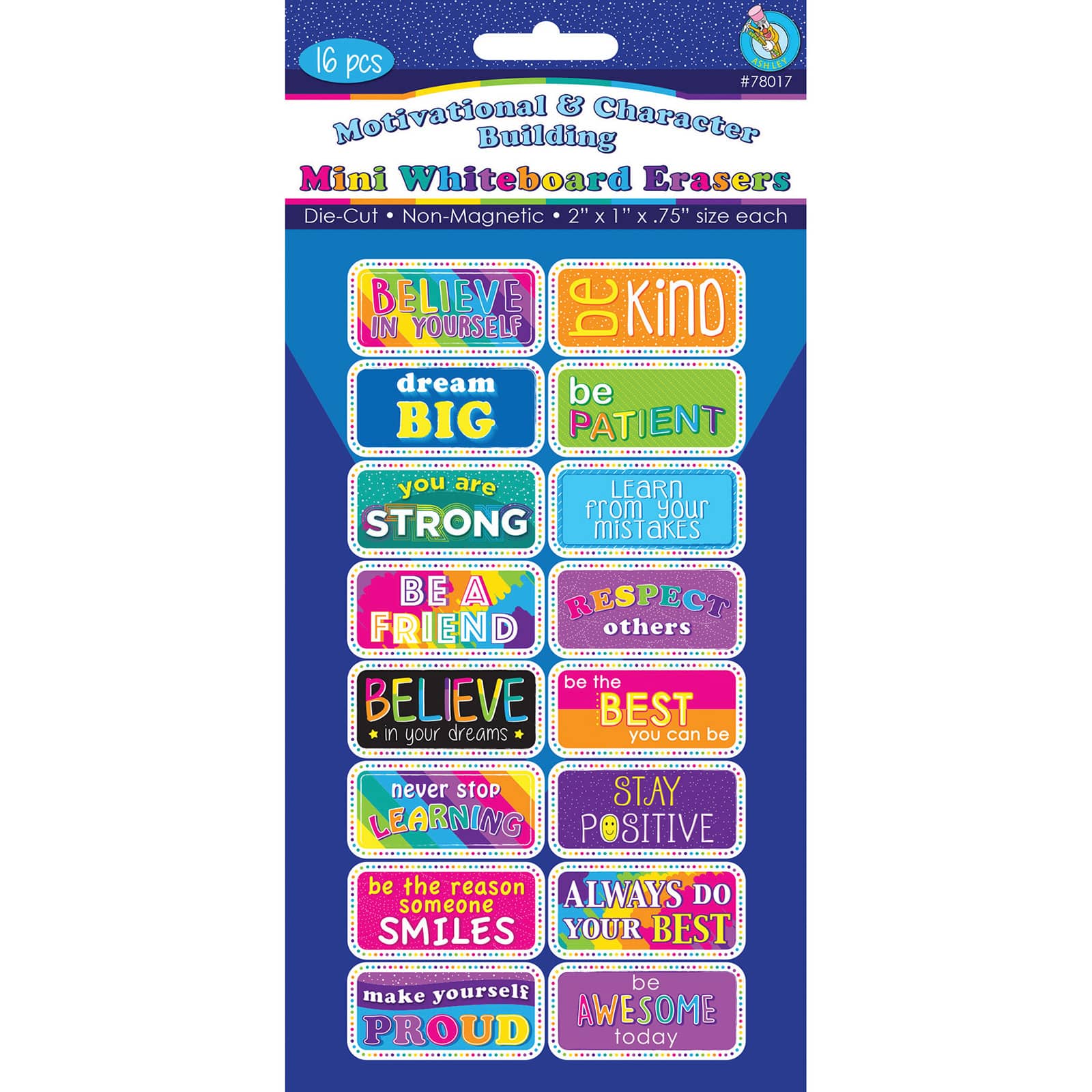 Ashley Productions Motivation Non-Magnetic Mini Whiteboard Erasers, 16ct.