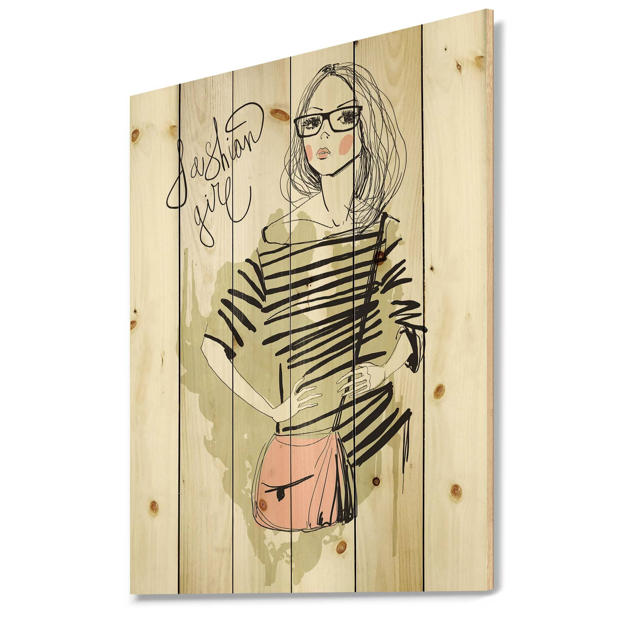 Designart - Trendy Fashion Girl - Shabby Chic Print on Natural Pine Wood