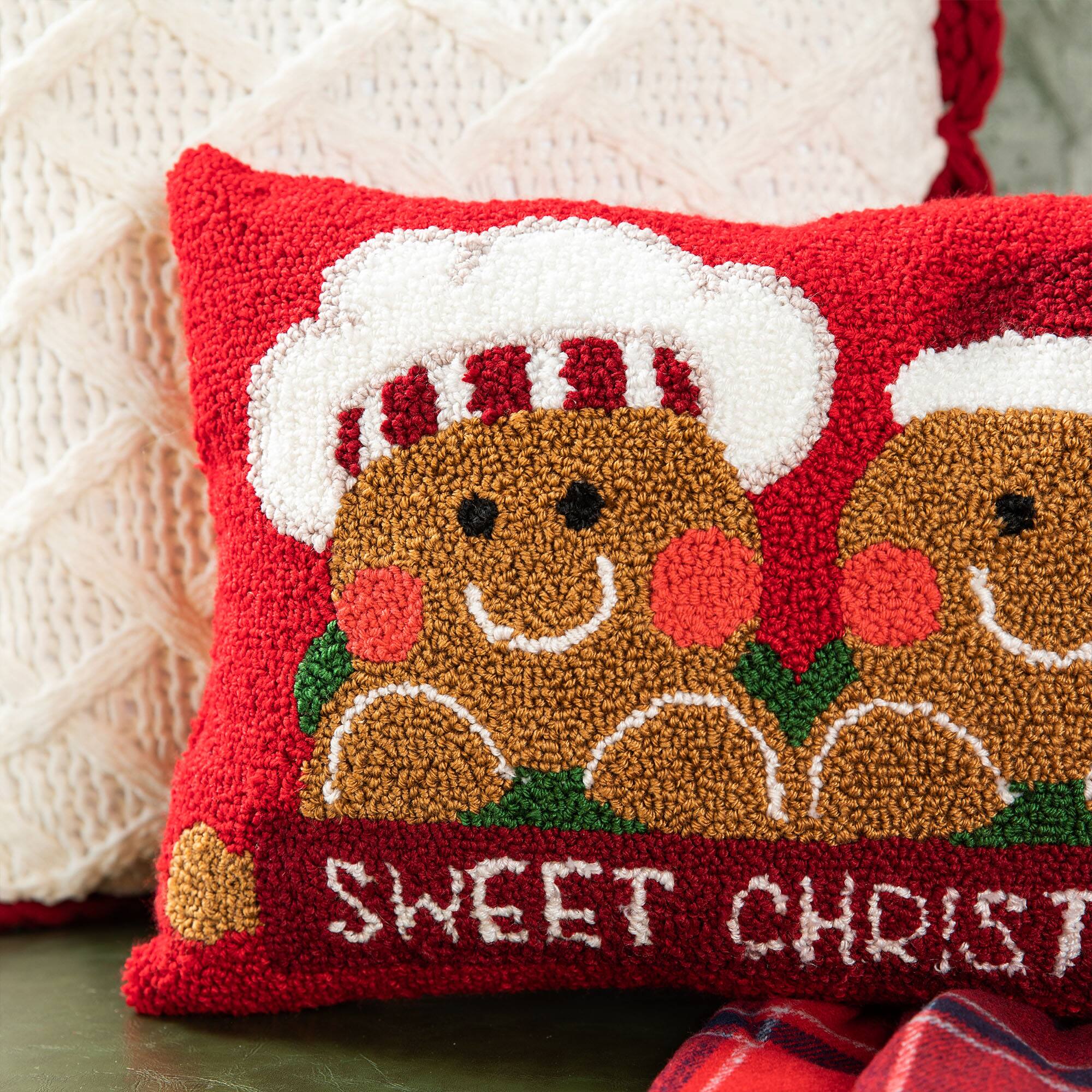 Glitzhome&#xAE; 18&#x22; Hooked Gingerbread Boy &#x26; Girl Pillow