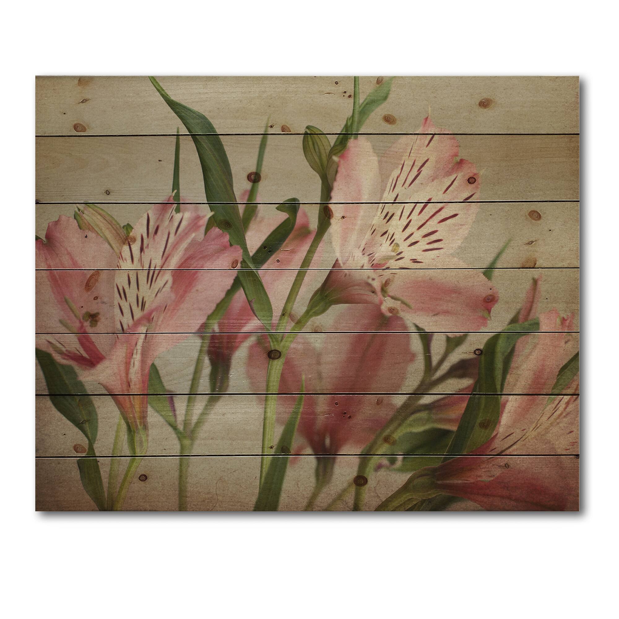 Designart - Retro Alstroemeria Flower - Traditional Print on Natural Pine Wood