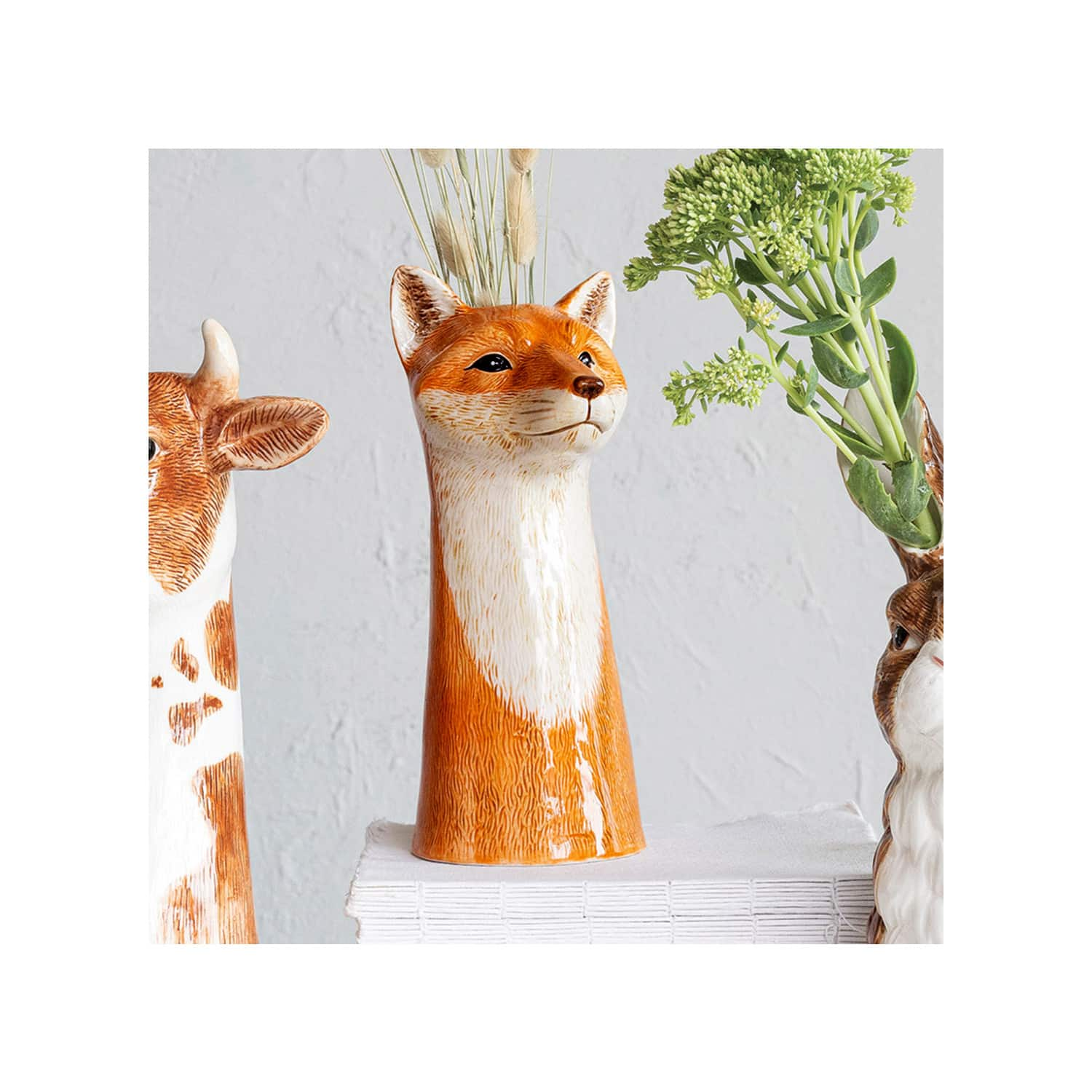 11&#x22; Orange Hand-Painted Decorative Stoneware Fox Vase