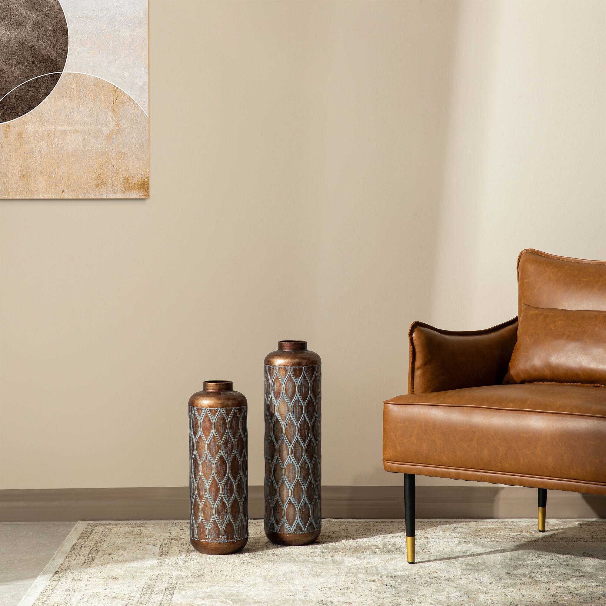 Glitzhome® Antique Gold with Verdigris Finish Cylinder Metal Floor Vases Set