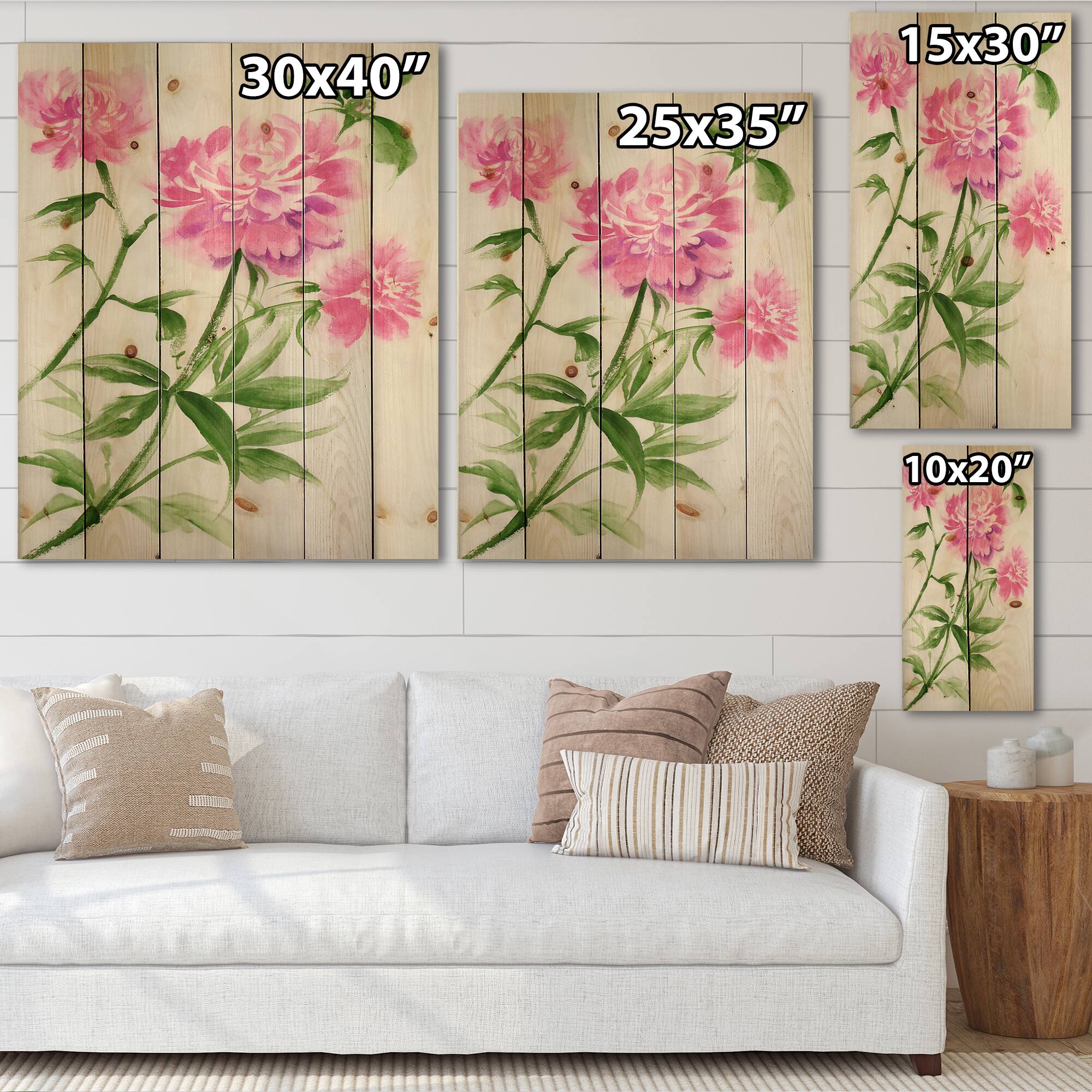 Designart - Purple Peonies Bush II - Traditional Print on Natural Pine Wood