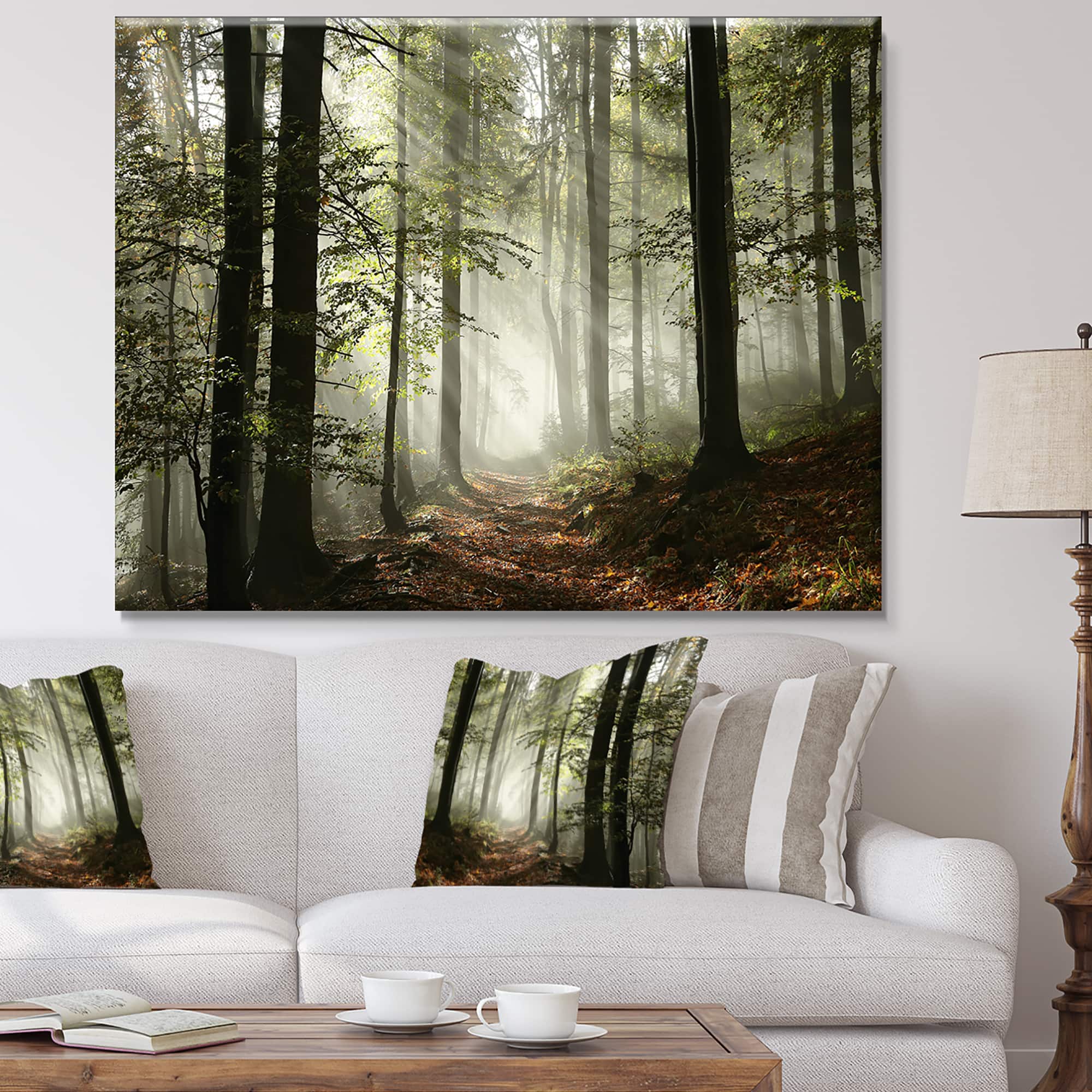 Designart - Light in Dense Fall Forest with Fog - Landscape Art Print Canvas