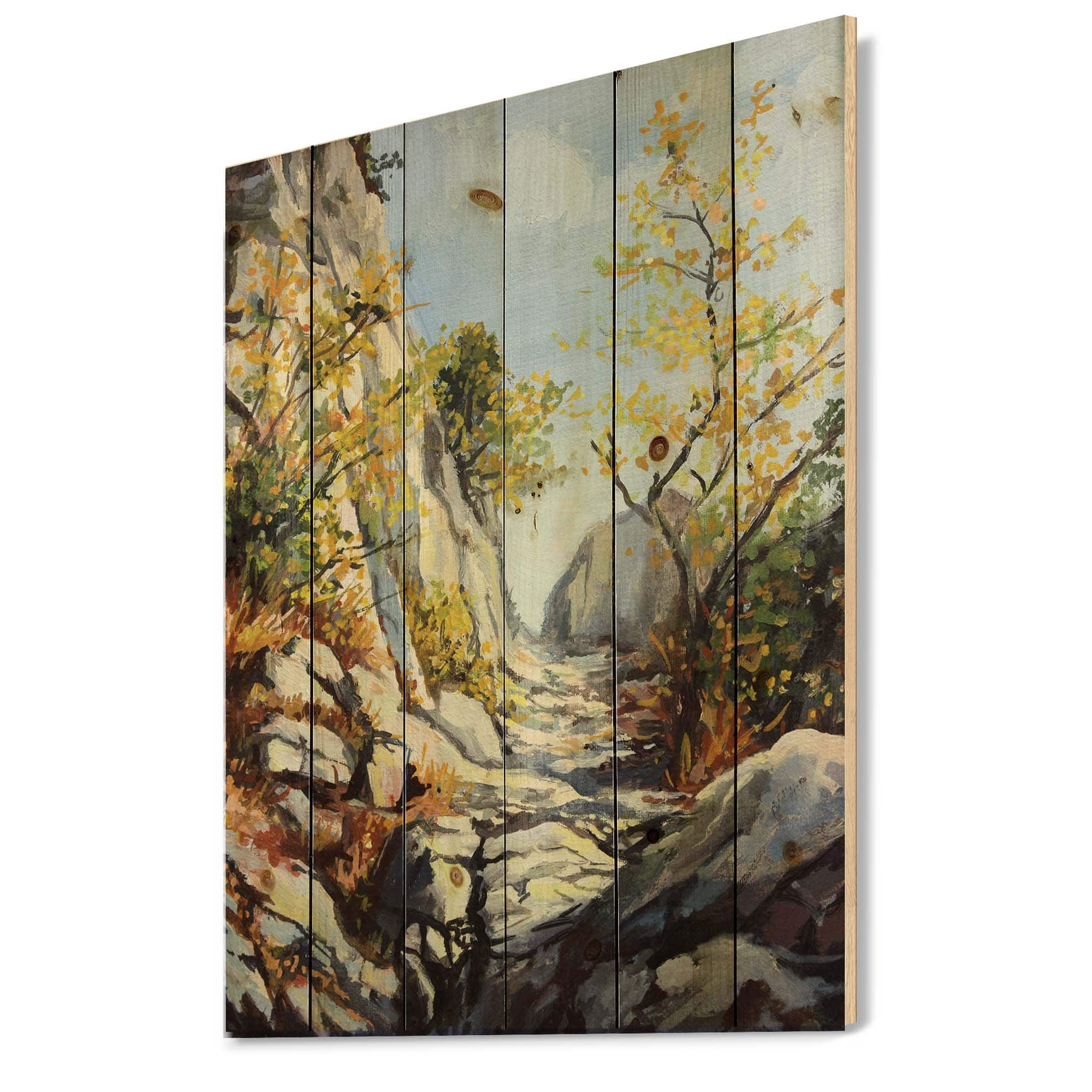 Designart - Marble Path In Autumn - Traditional Print on Natural Pine Wood