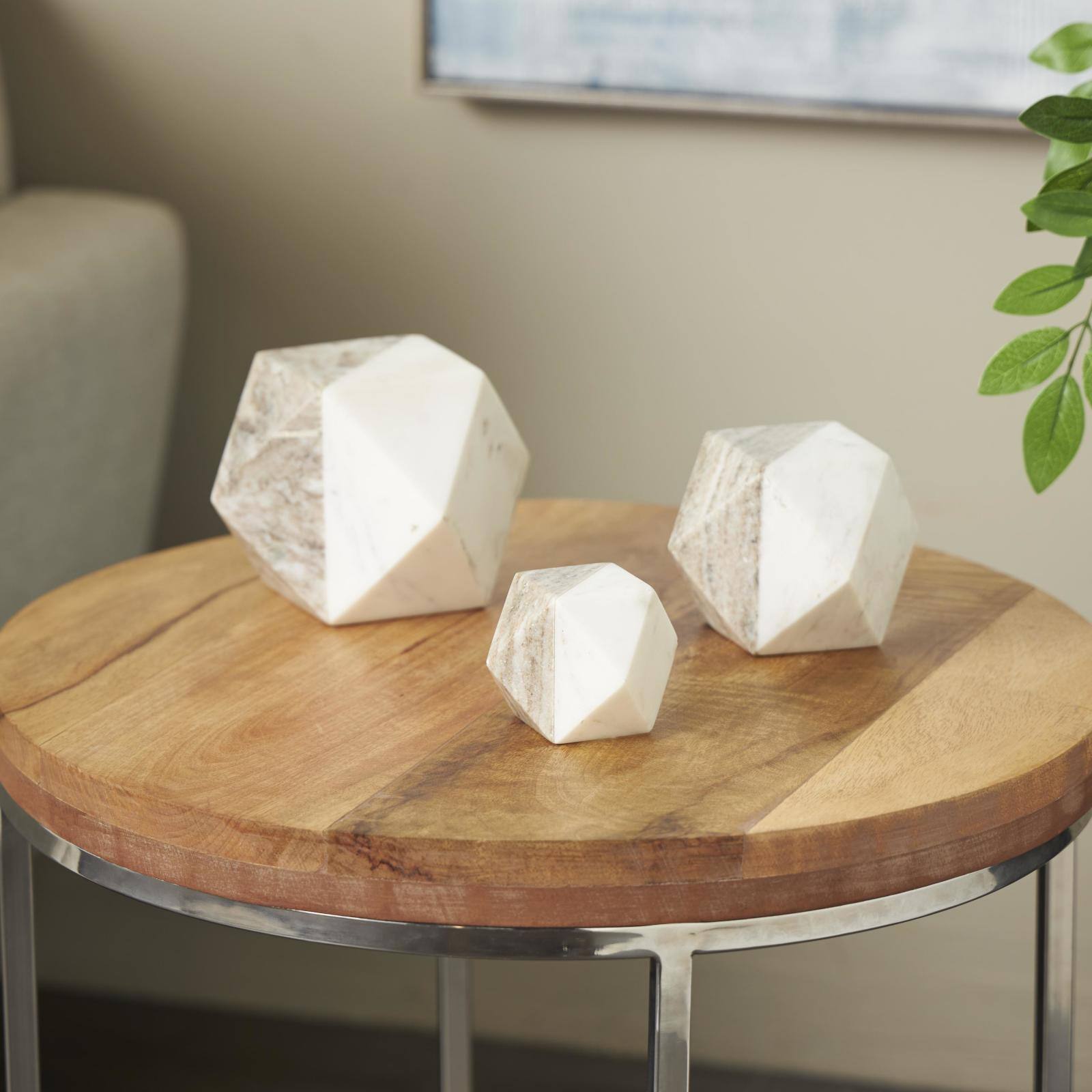 White Marble Geometric Cube Two-Toned Hexagon Sculpture with Cream & Copper Accents, 3ct.