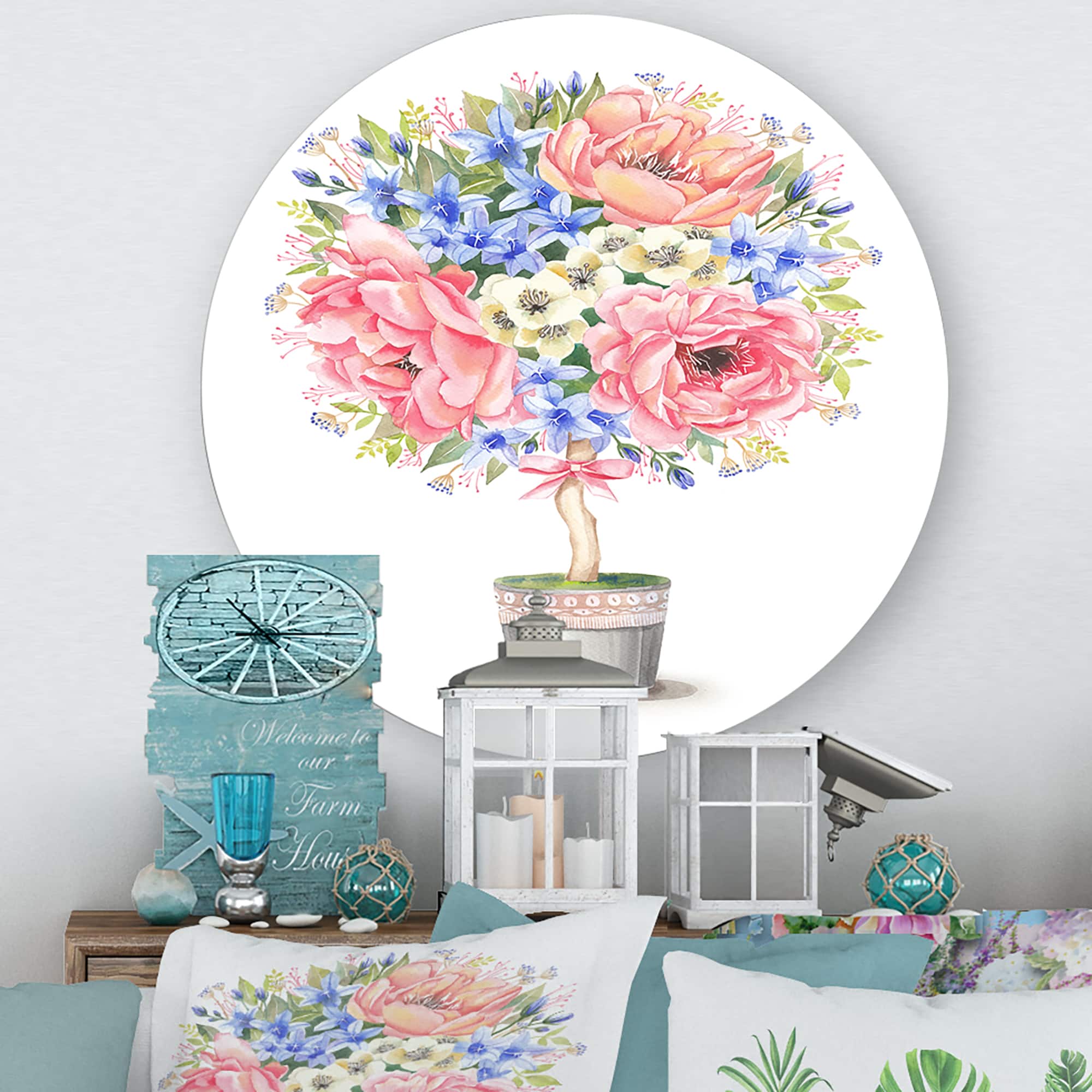 Designart - Flower Tree In A Pot With A Bow - Farmhouse Metal Circle Wall Art
