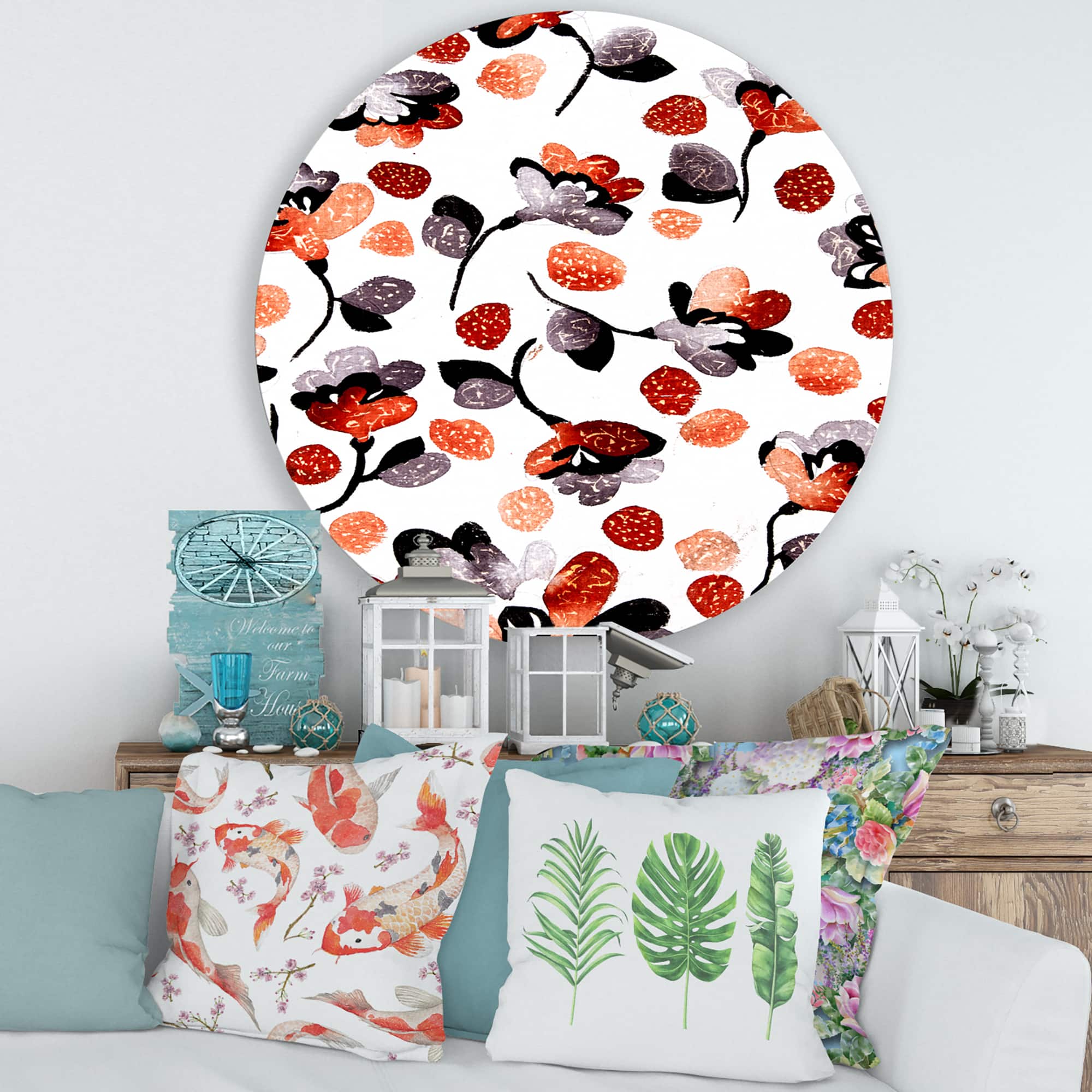 Designart - Modern Flower In Blue Red and Orange - Bohemian & Eclectic Metal Circle Wall Art