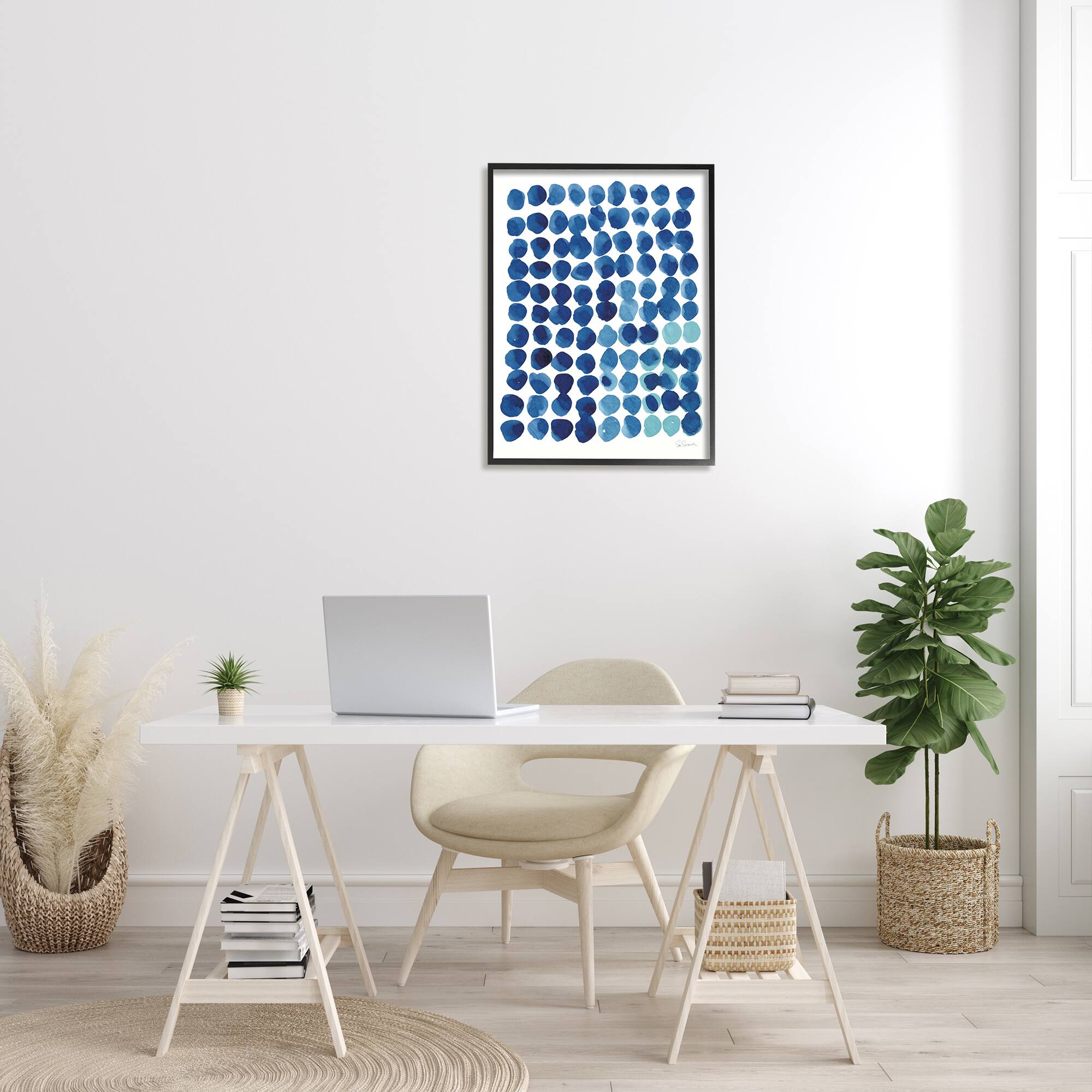 Stupell Industries Blue Polka Dot Pattern Circle Shape Grid Watercolor Framed Wall Art
