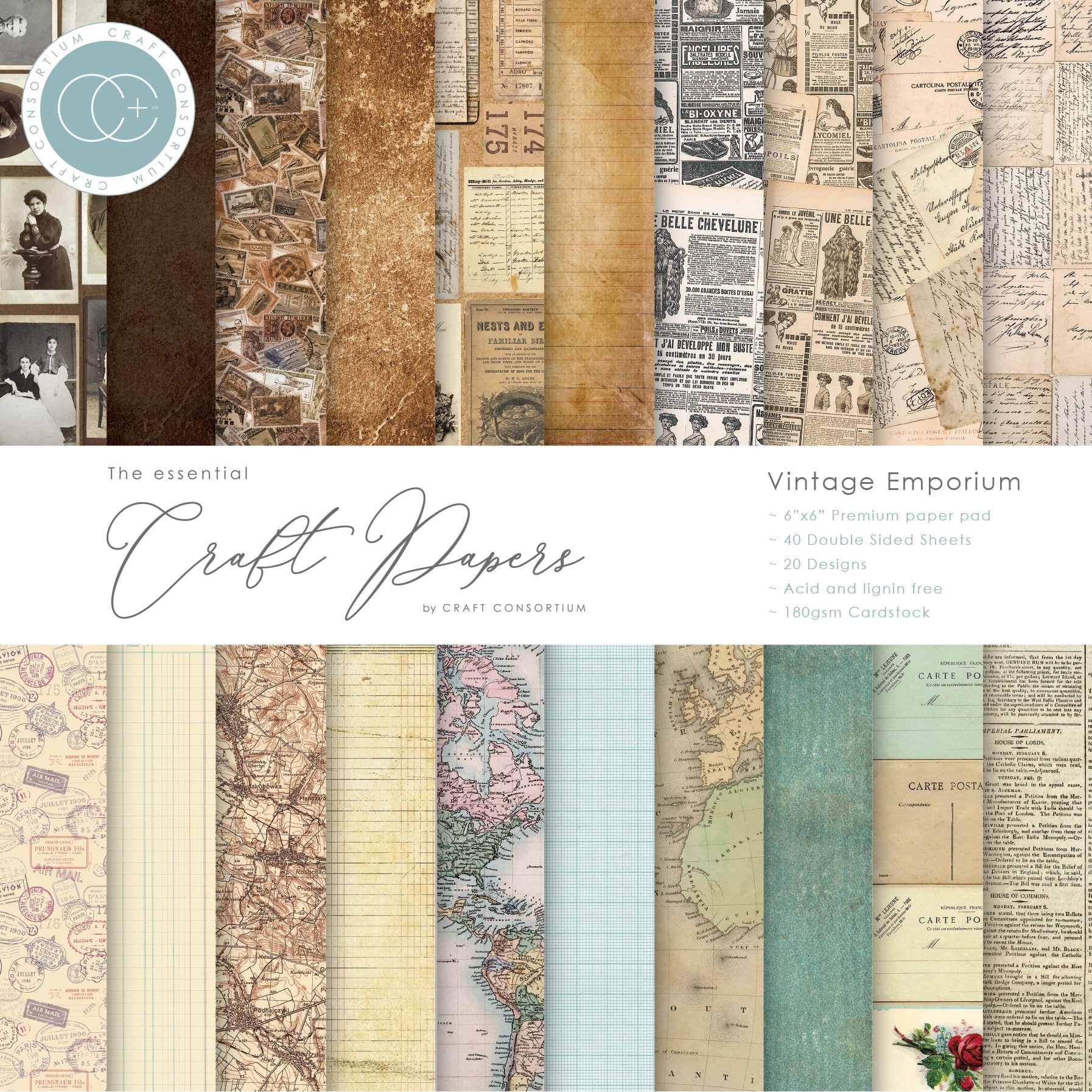 Craft Consortium Vintage Emporium Double-Sided Paper Pad, 6" x 6"