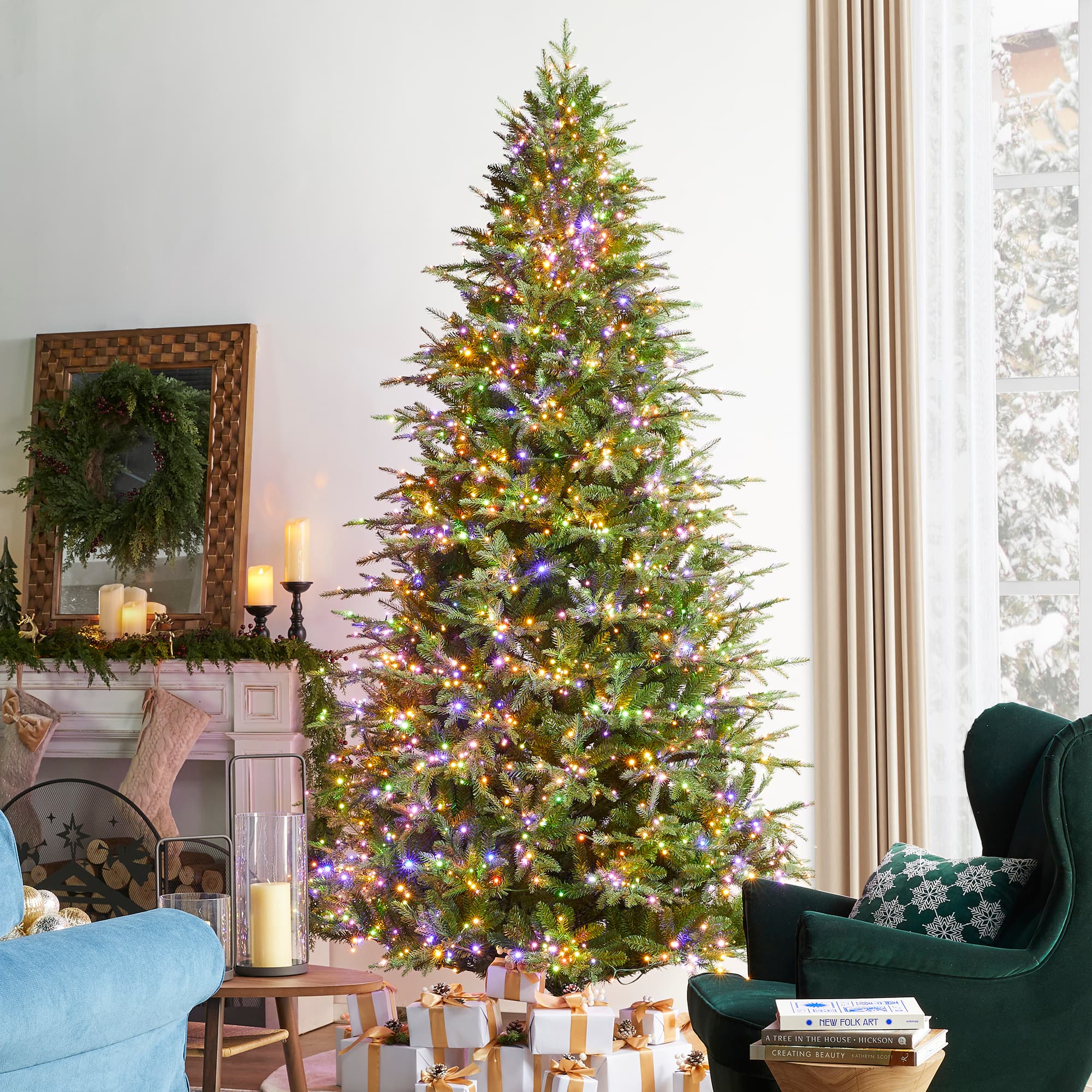 Glitzhome&#xAE; 9ft Pre-Lit Full Fir Artificial Christmas Tree, Multicolor LED Lights