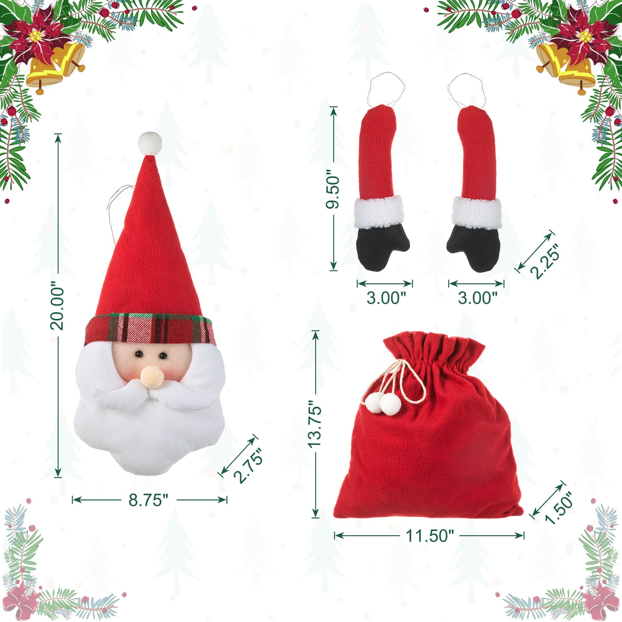 Glitzhome® 20" Jumbo Christmas Fabric Santa Ornament Set
