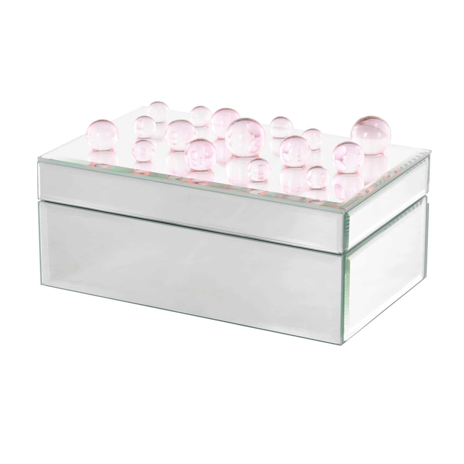 8&#x22; x 5&#x22; x 4.5&#x22; Silver Glass Mirrored Decorative Jewelry Box with Pink Bubble Textured Balls