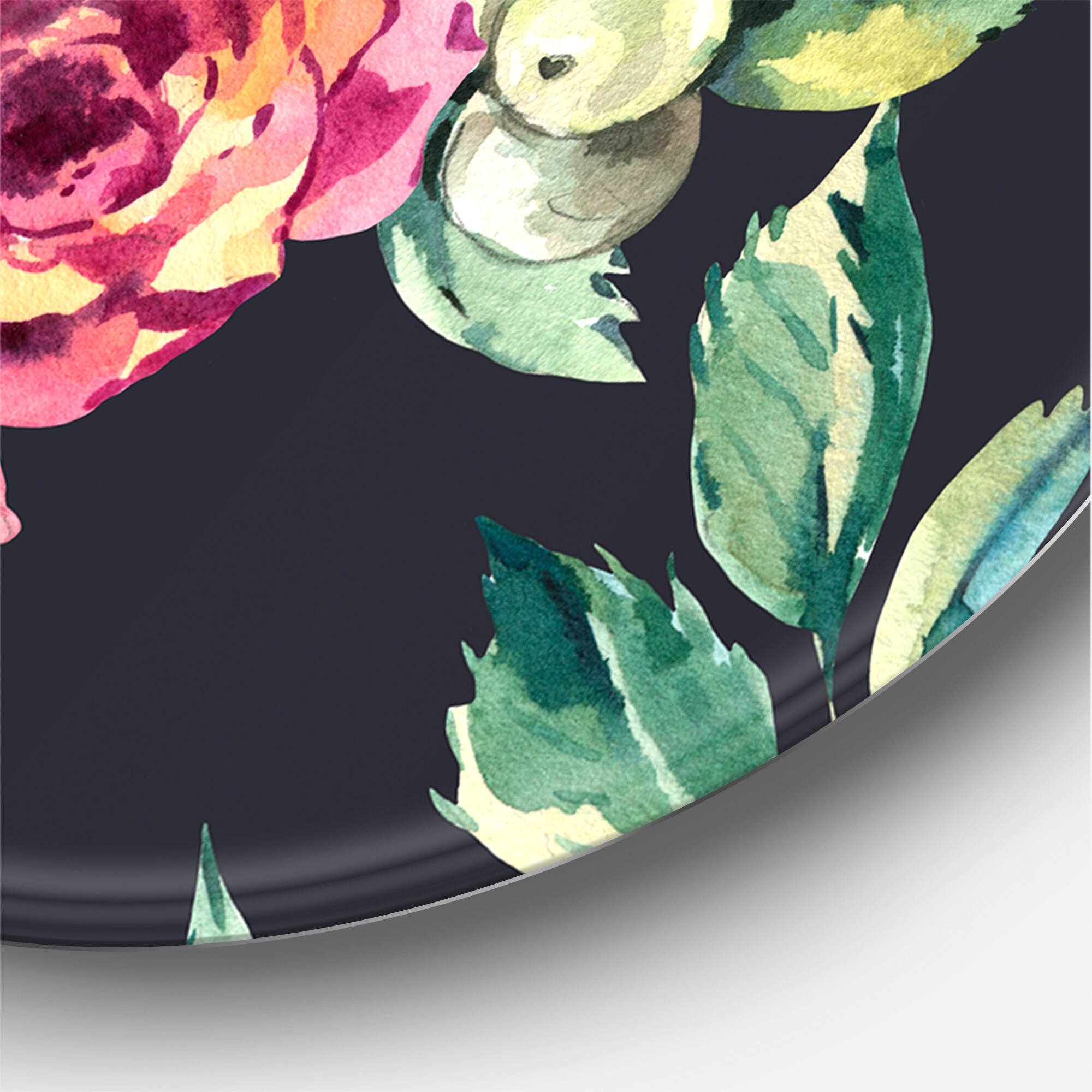 Designart - Red VIntage Roses and Berries On Black - Farmhouse Metal Circle Wall Art