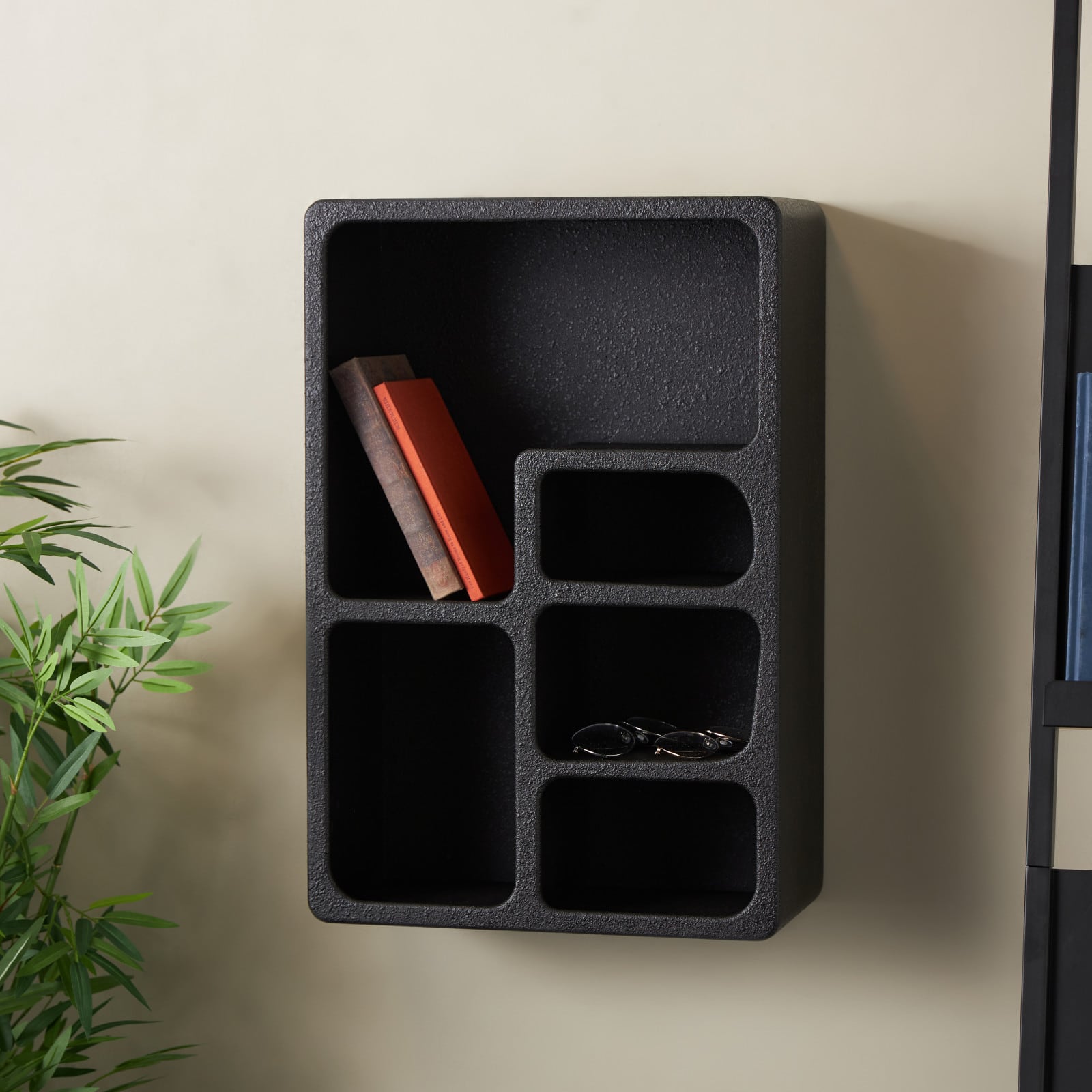 16" x 24" 5 Shelf Black Wood Geometric Floating Wall Shelf