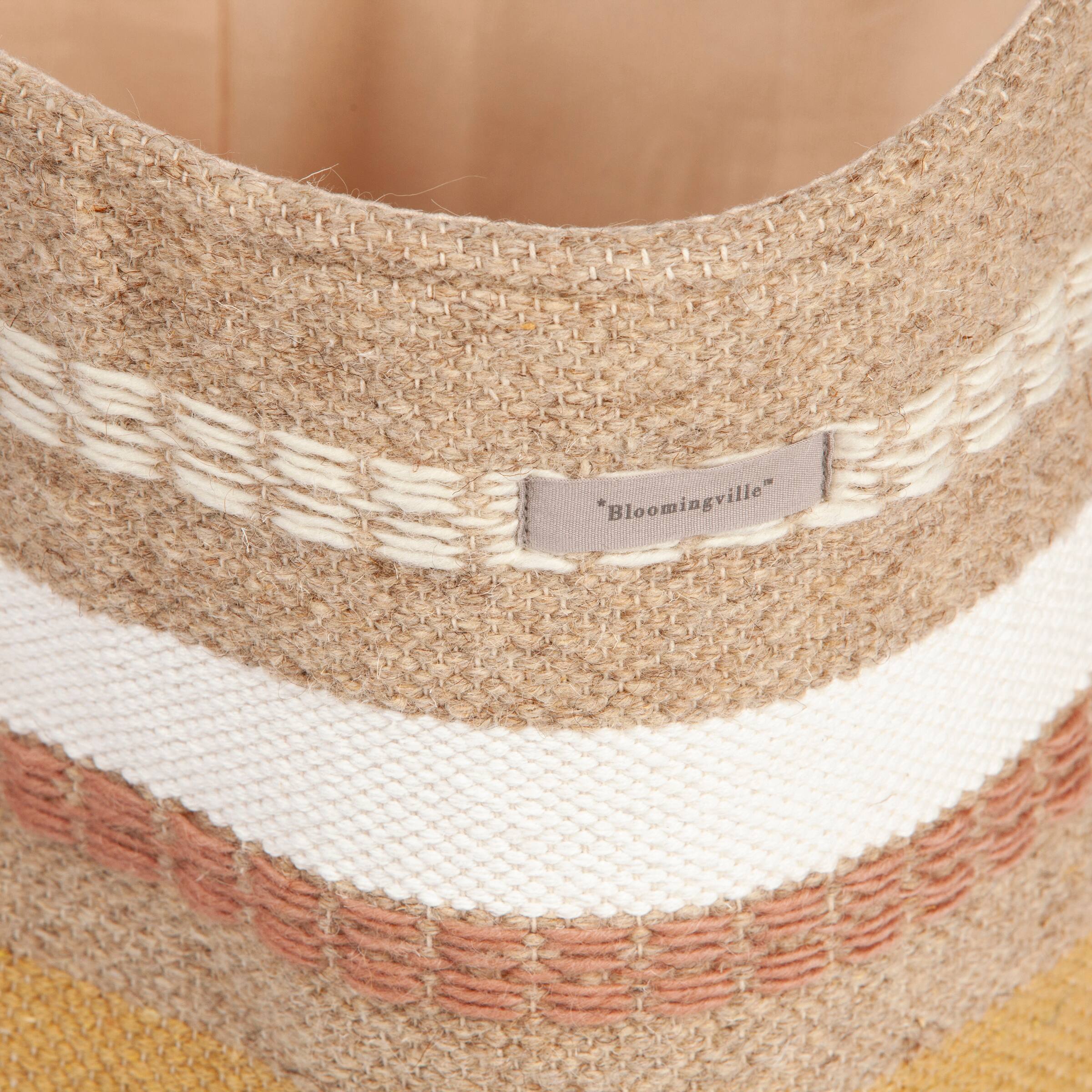 Hello Honey® 16" White, Brown & Pink Striped Round Woven Fabric Basket