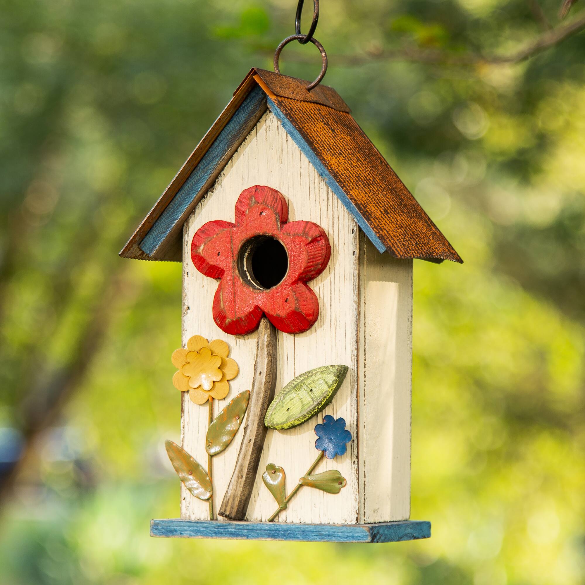 Glitzhome&#xAE; 10.25&#x22; Washed White Distressed Flower Birdhouse