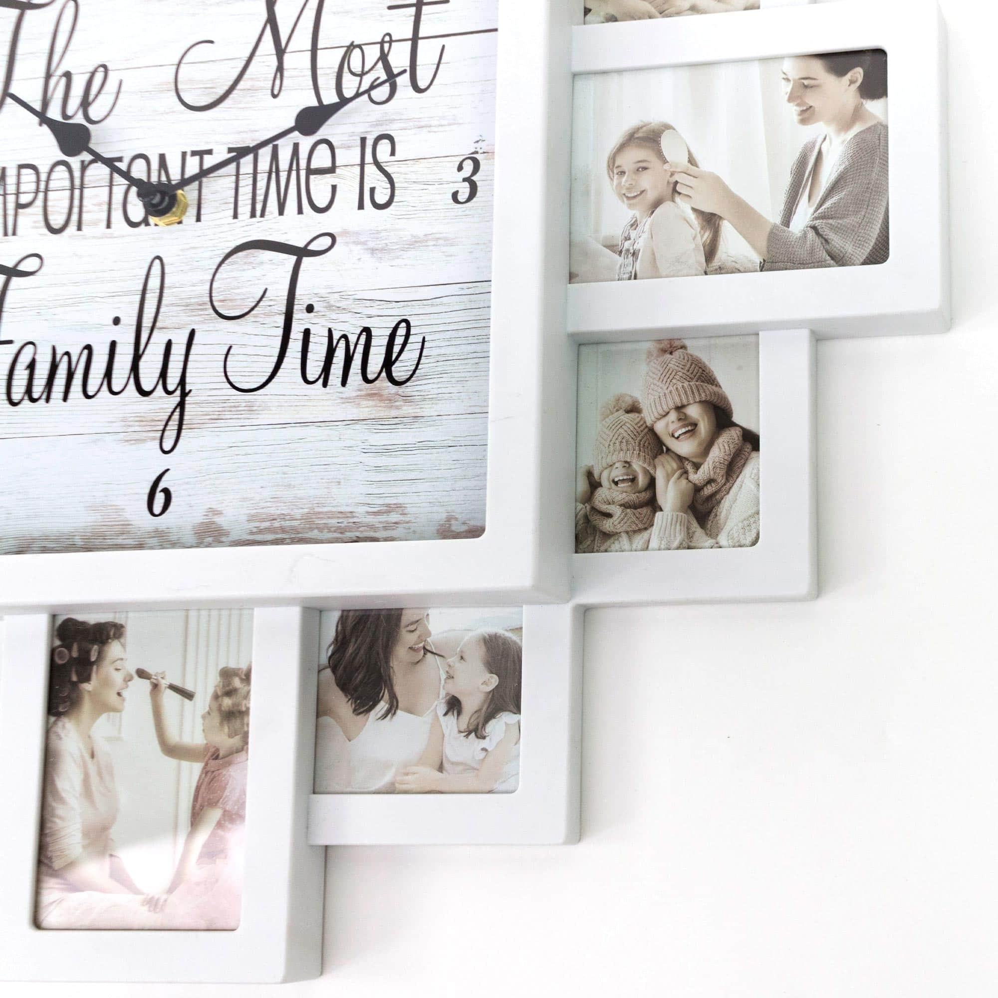 White Farmhouse Shabby-Chic &#x22;Family Time&#x22; Picture Frame Wall Collage Clock