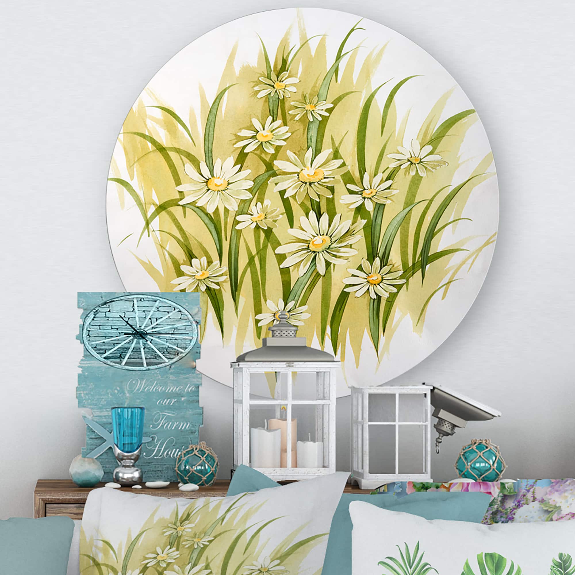 Designart - White Meadow Flowers - Traditional Metal Circle Wall Art