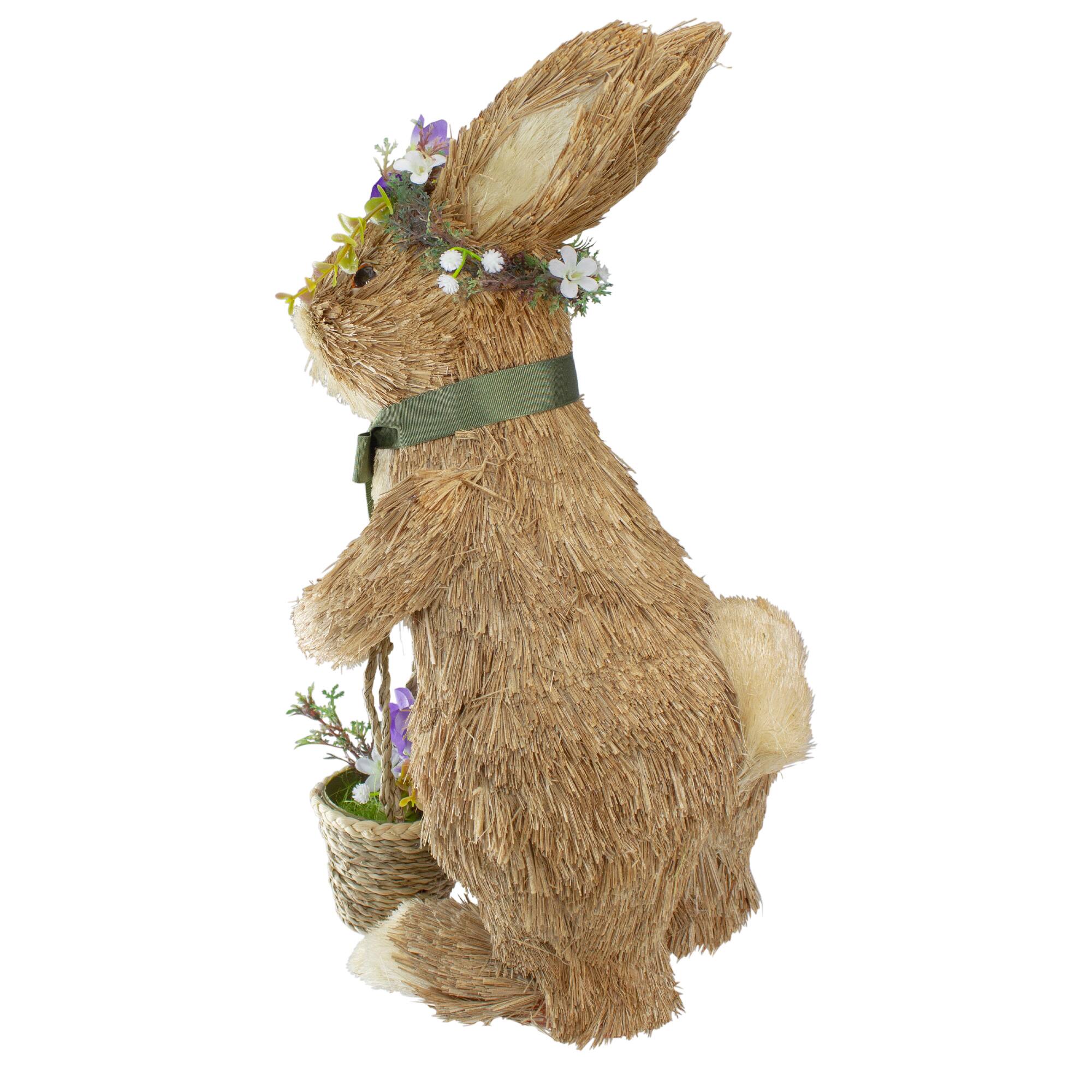 15" Brown Sisal Bunny Rabbit with Basket Easter Figure