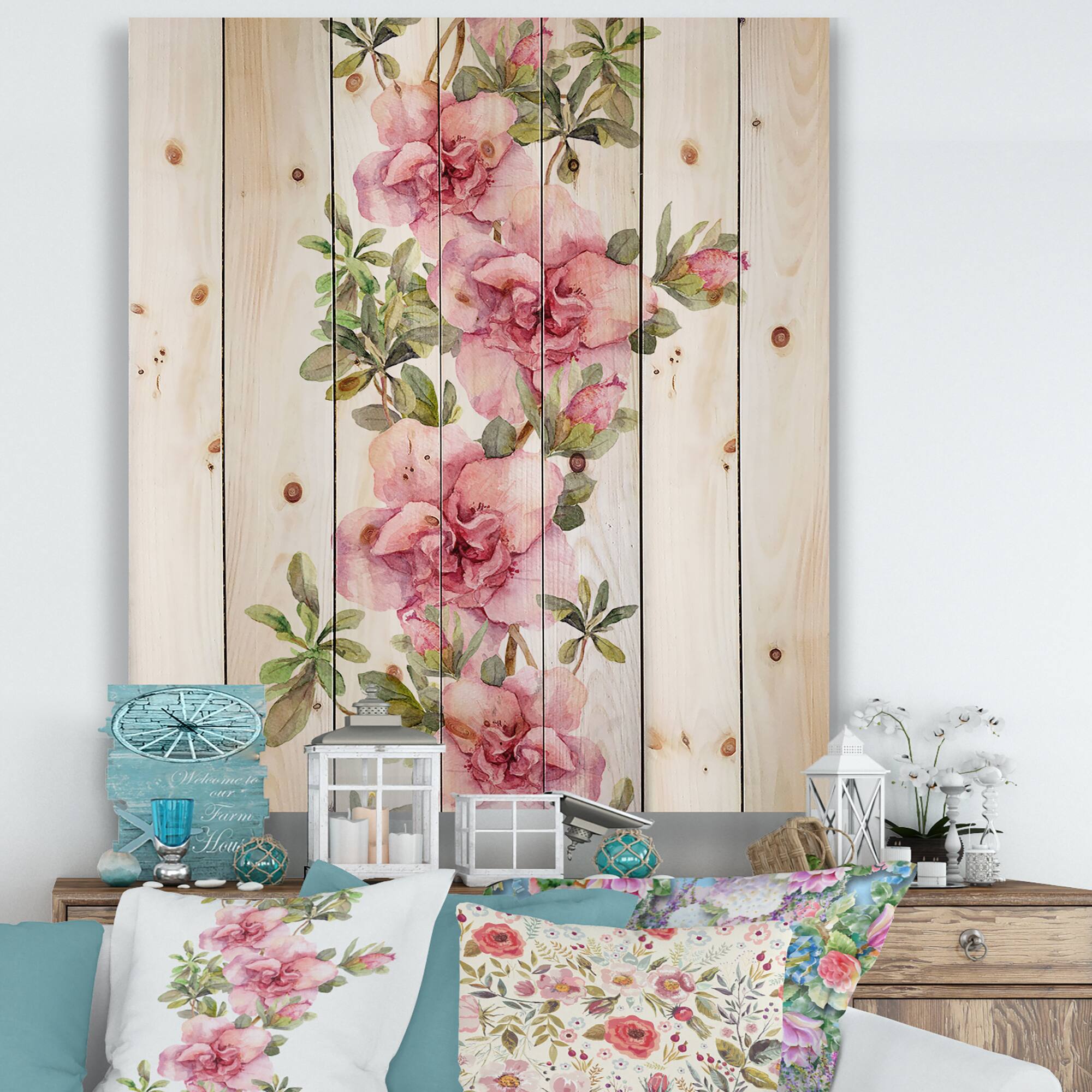 Designart - Bouquet of Pink and Purple Flowers II - Farmhouse Print on Natural Pine Wood