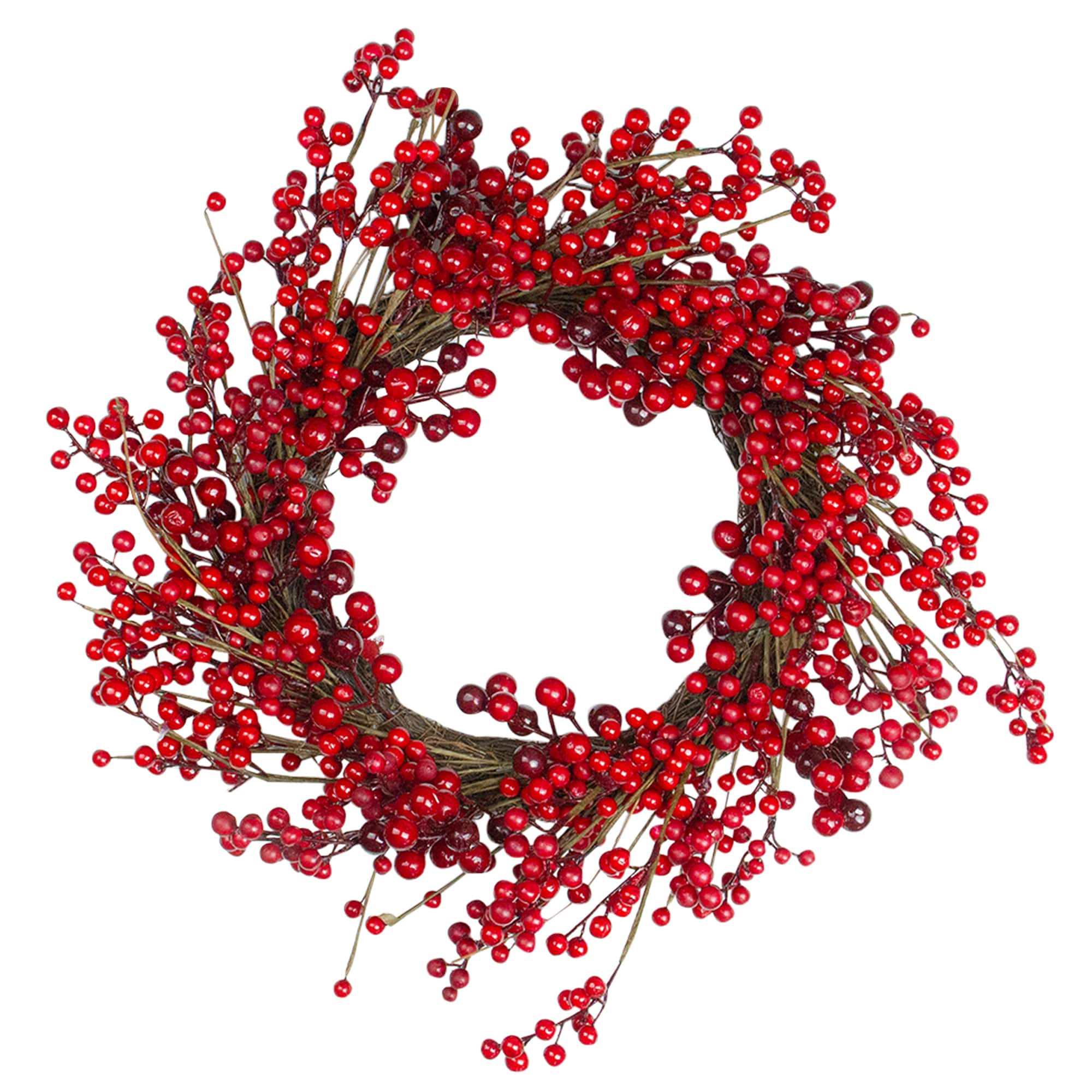 20" Shiny Red Berry Artificial Wreath with Brown Twig Accents, Unlit