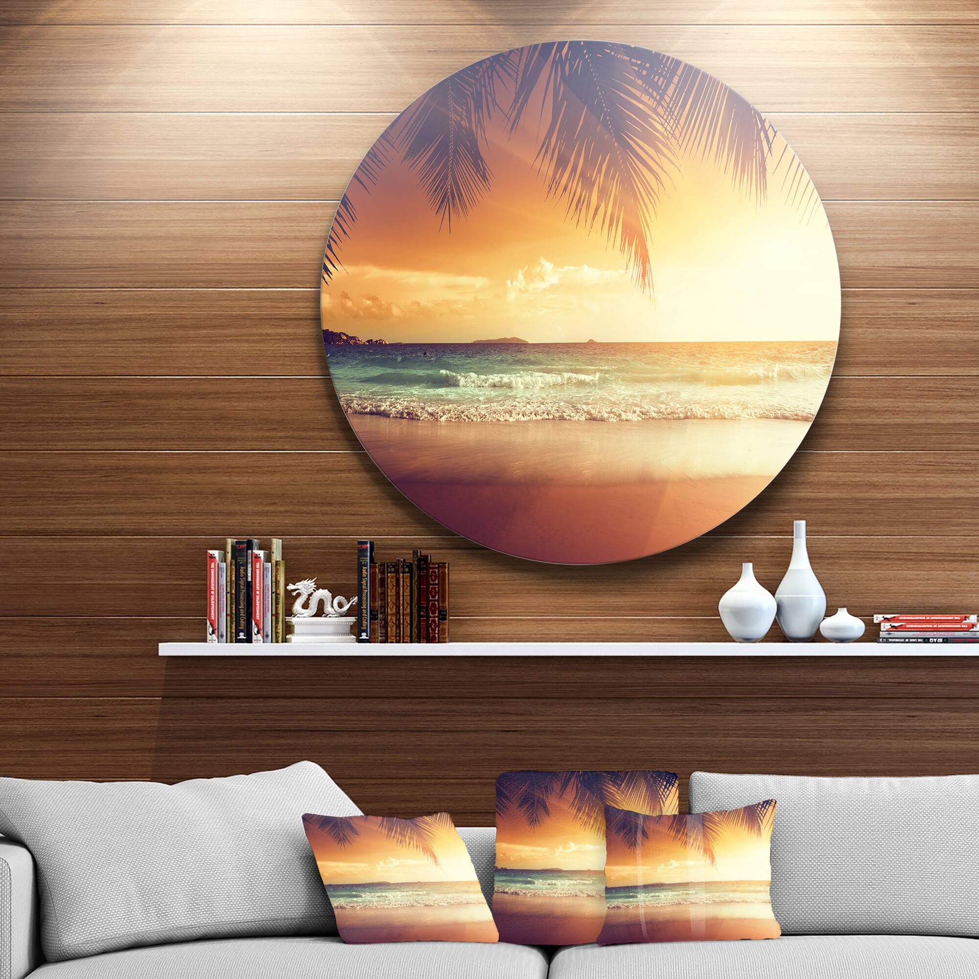Designart - Palm Leaves on Caribbean Seashore&#x27; Seashore Metal Circle Wall Art
