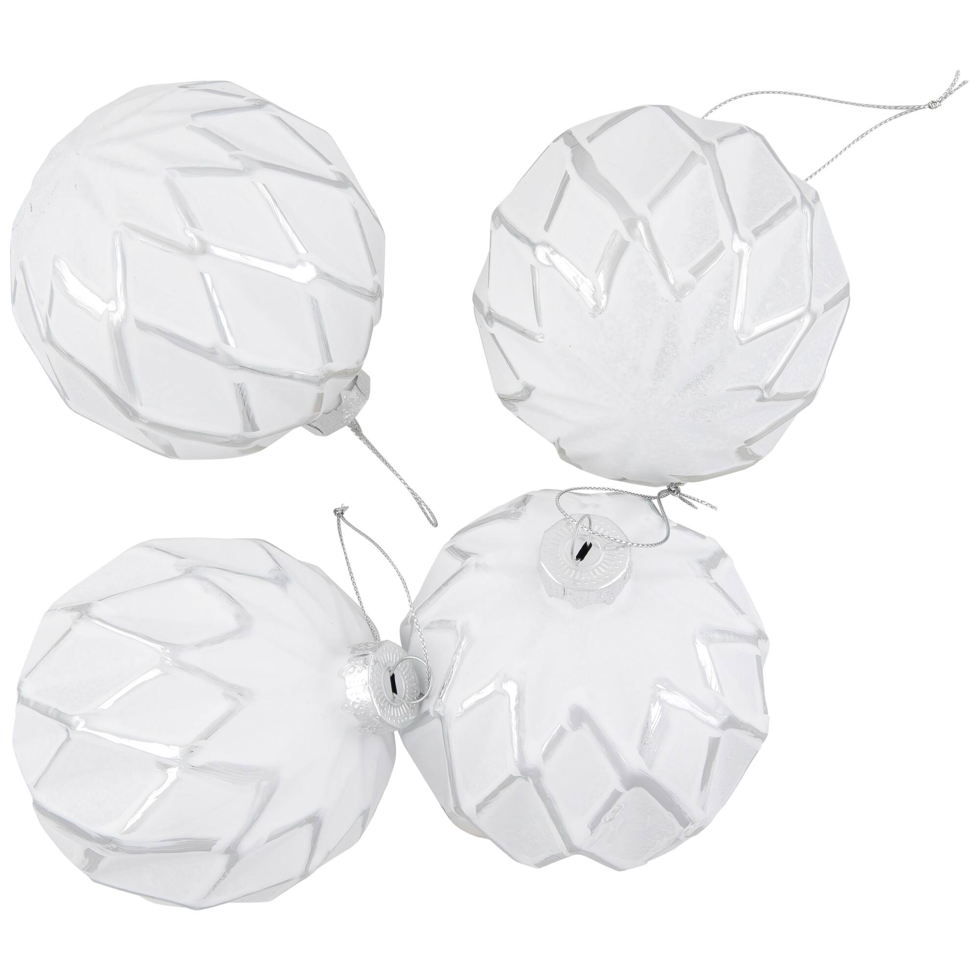 Embossed Diamond Christmas Glass Ball Ornaments - 4" (100mm) - White - 4ct