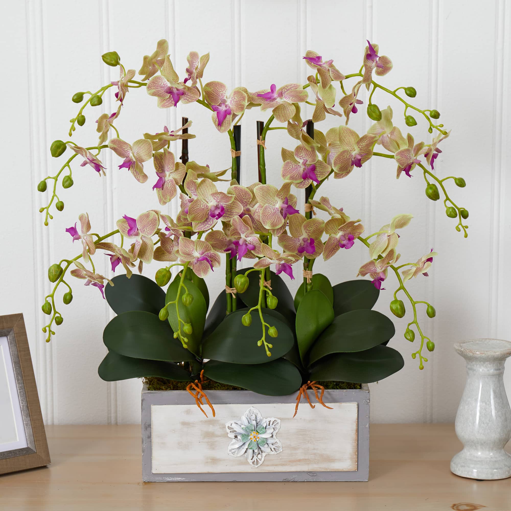 23&#x22; Cream &#x26; Pink Moth Orchid Arrangement in Decorative Wood Planter
