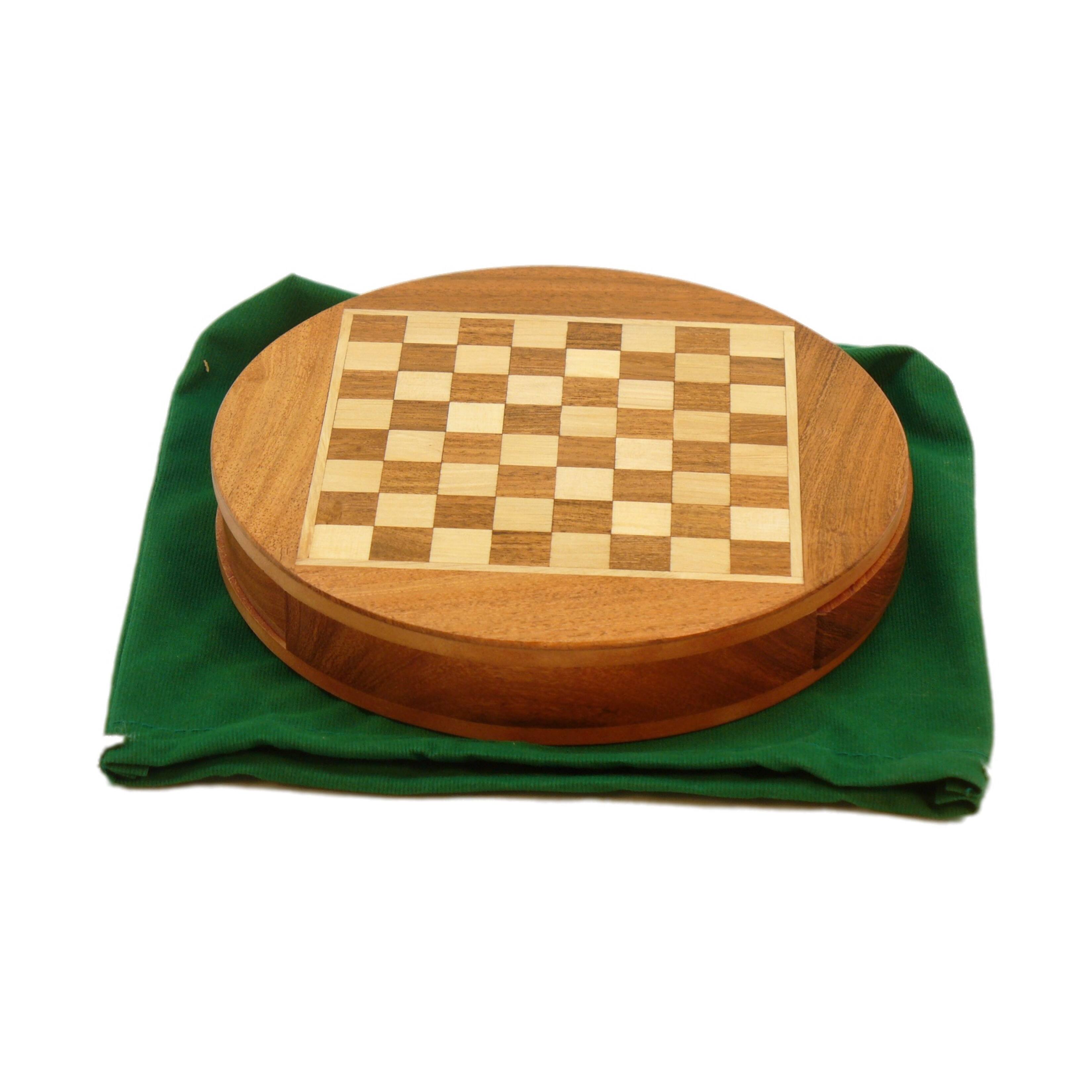 6" Magnetic Round Wood Inlaid Chess Set with Slide Drawer