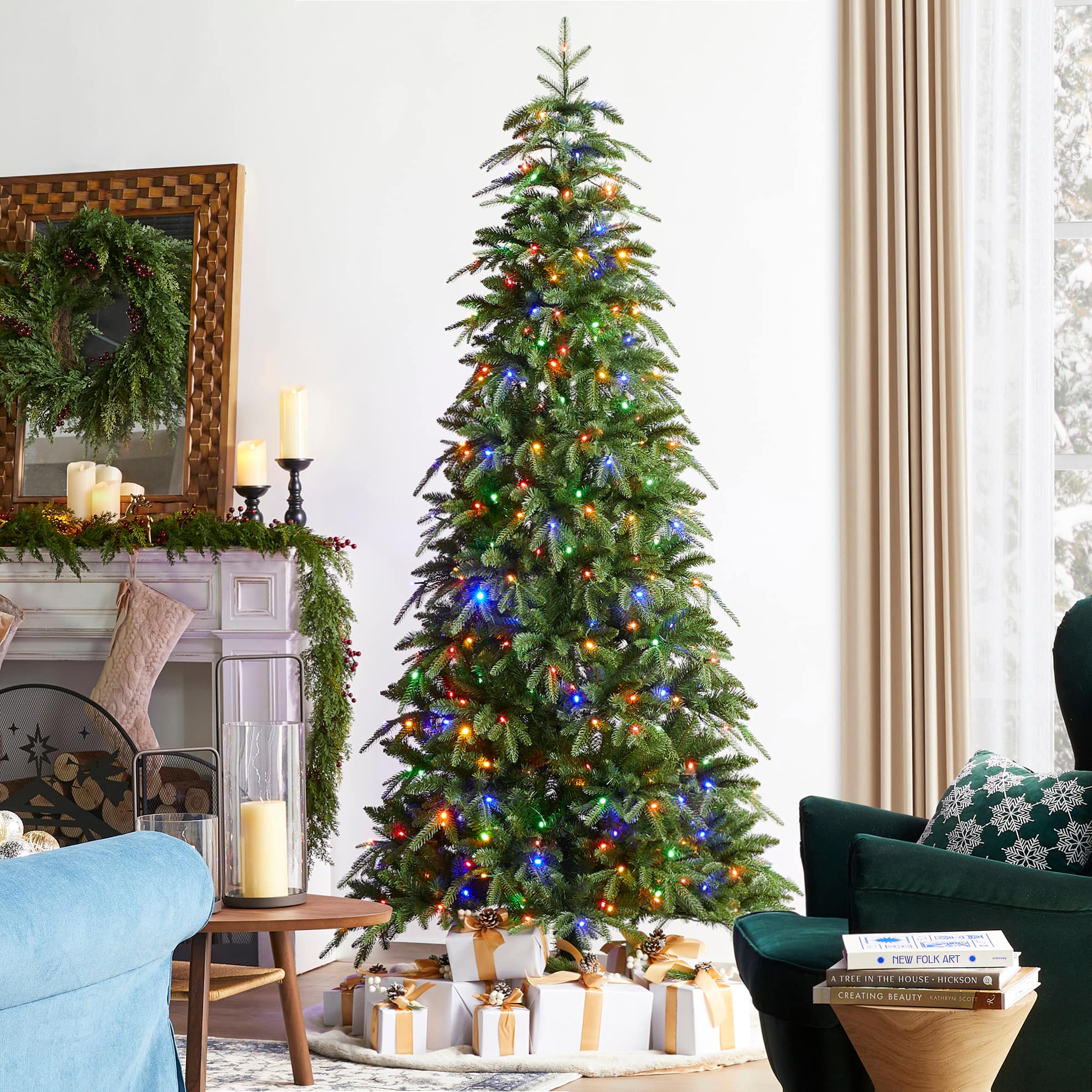 Glitzhome&#xAE; 7.5ft Pre-Lit Green Slim Fir Artificial Christmas Tree, Multicolor LED Lights