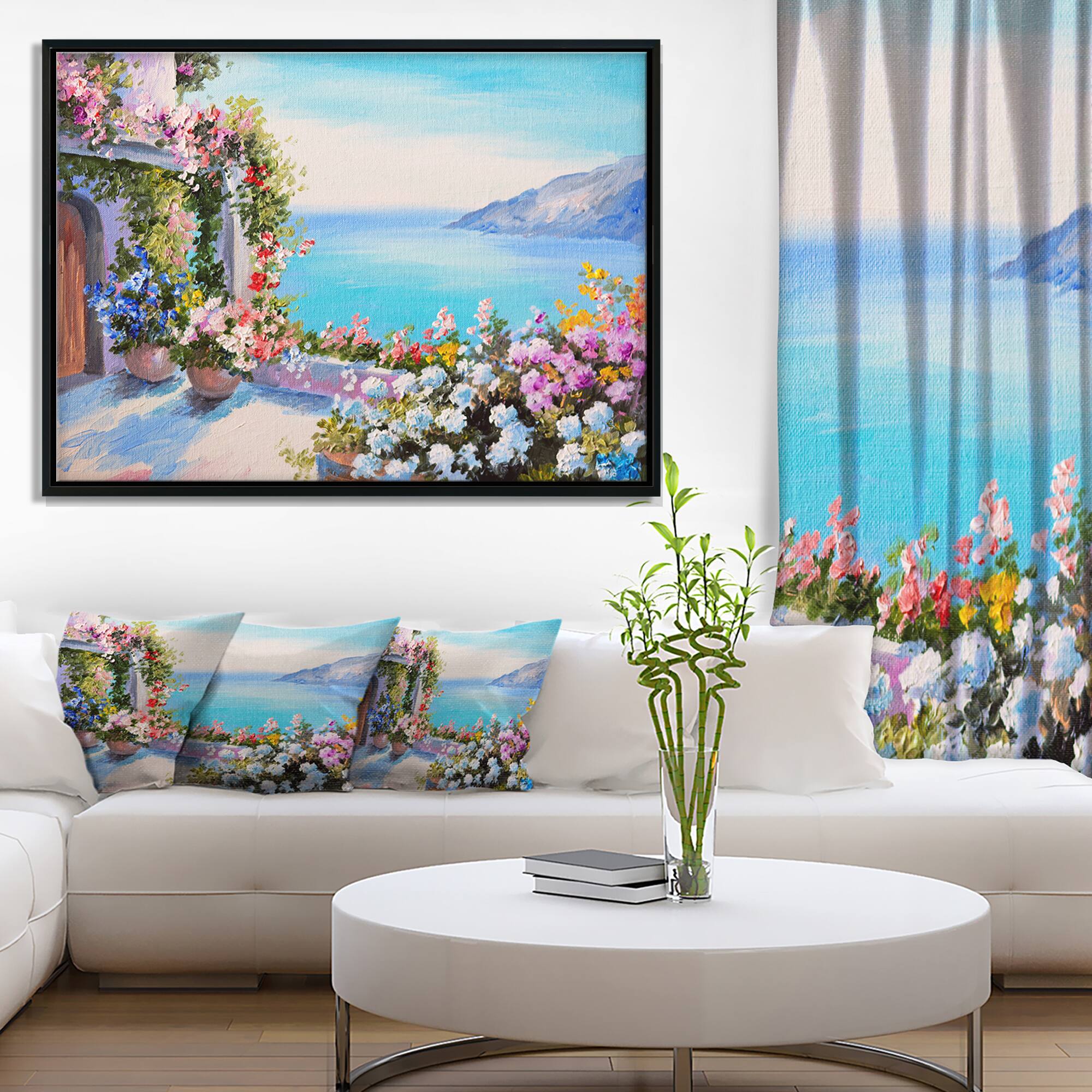 Designart - Sea and Flowers - Landscape Art Print Canvas in Black Frame